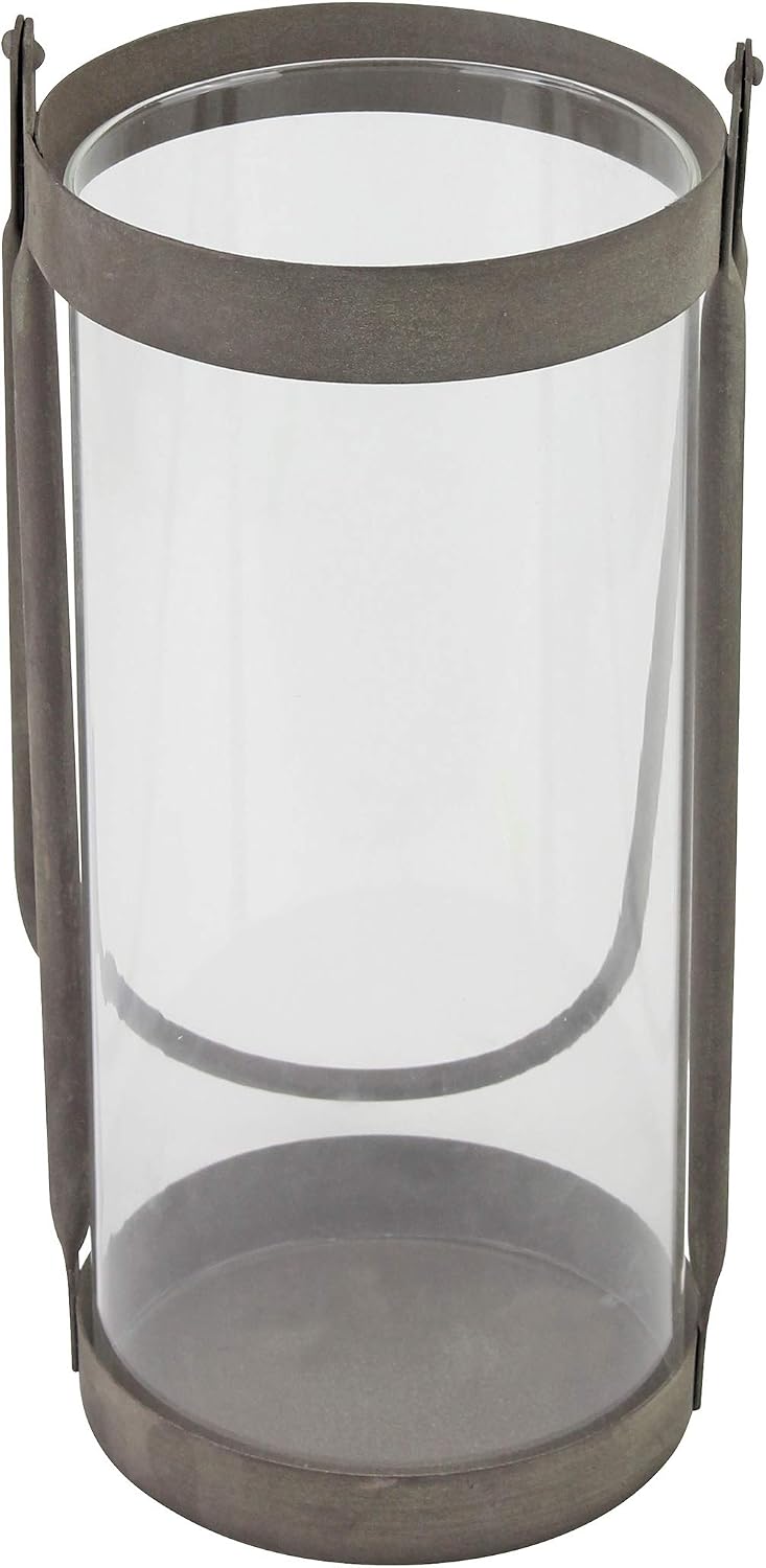 Stonebriar Industrial Glass Cylinder Hurricane Candle Lantern with Rustic Zinc Metal Frame and Handle