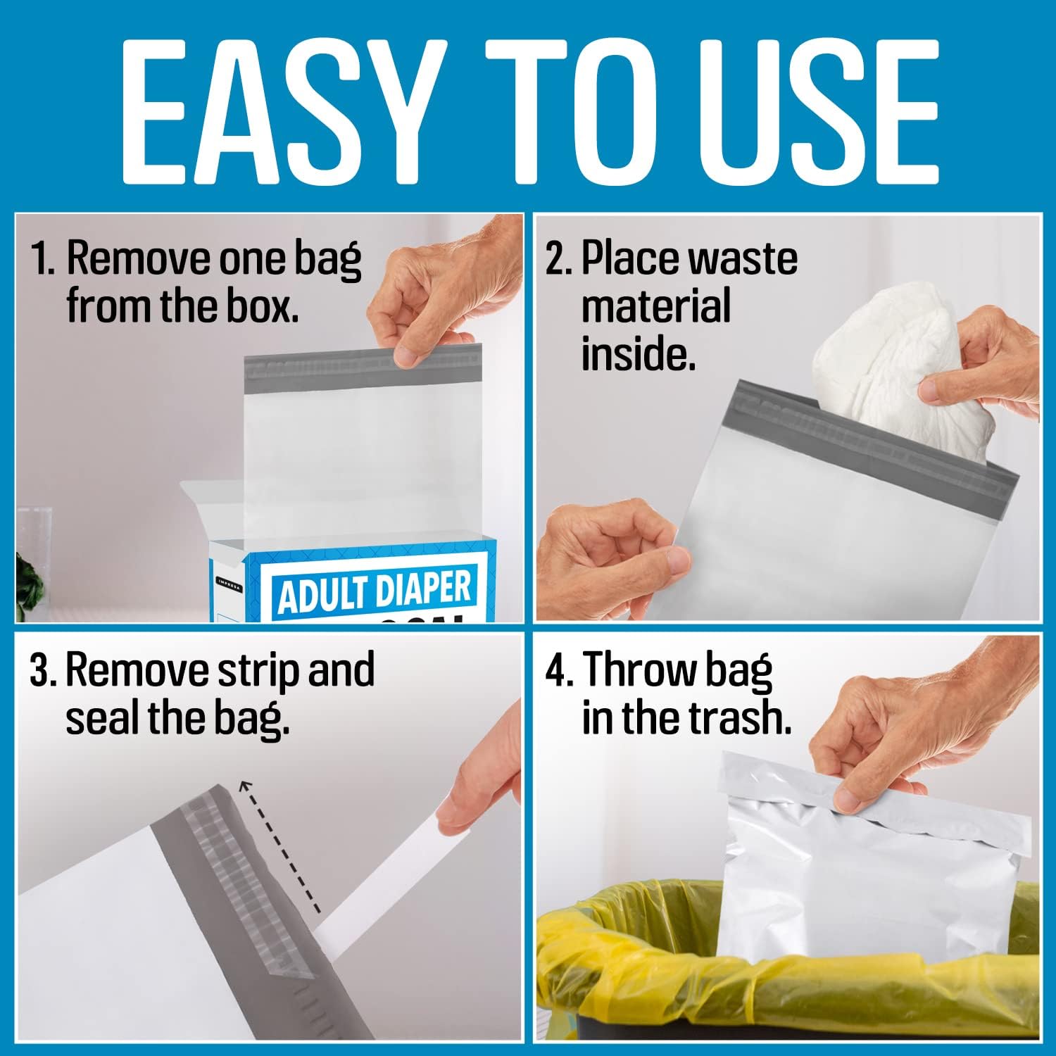 IMPRESA Disposable Adult Diaper Bags - 75-Pack, 12 x 15 in, Unscented - Odor-Proof, Leak-Proof & Tear-Resistant - Extra-Thick Bags for Adult Diapers & Incontinence Pads image 6 of 8 B0BWL2957R