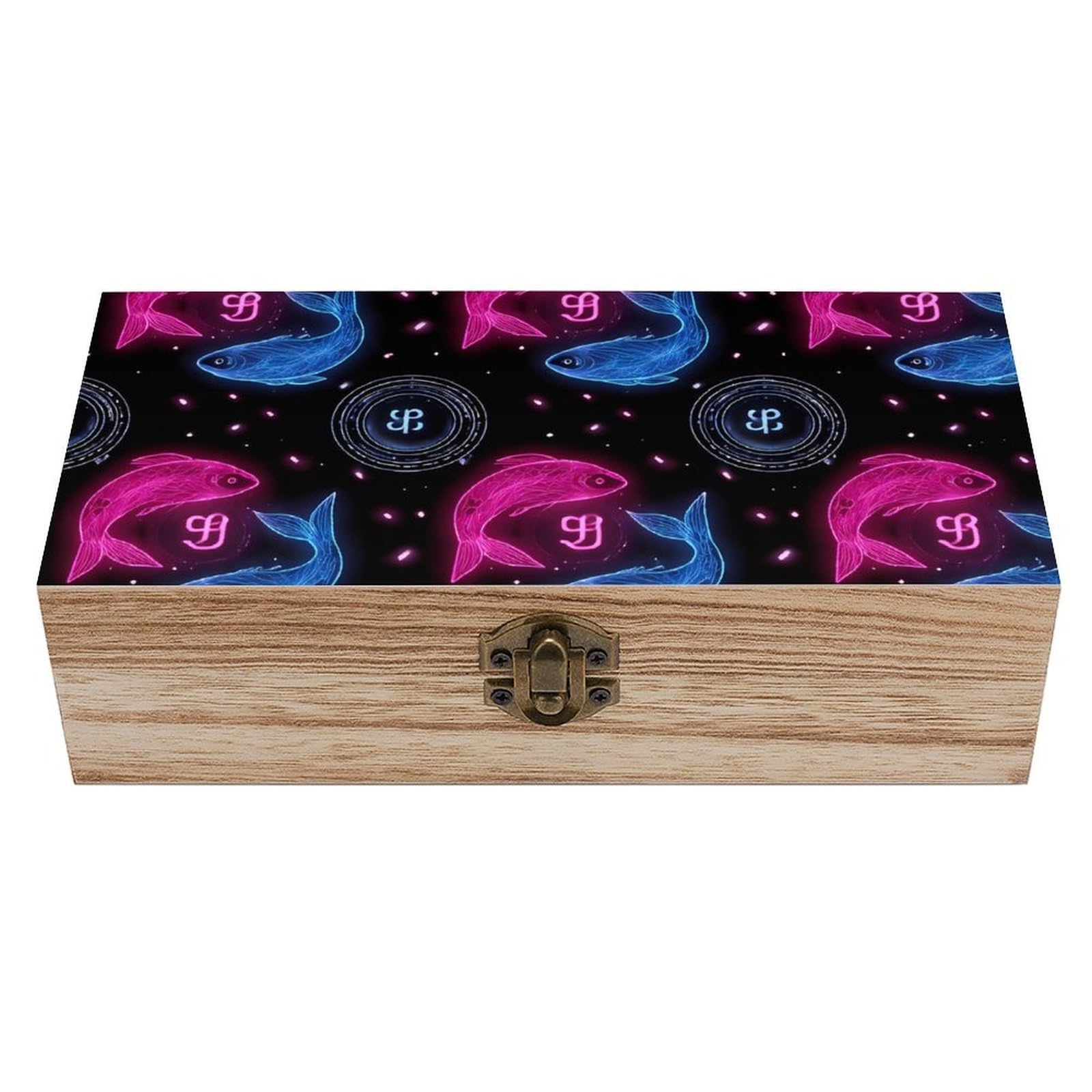 HLBSDM Neon Fishes Zodiac Pisces Wooden Storage Box