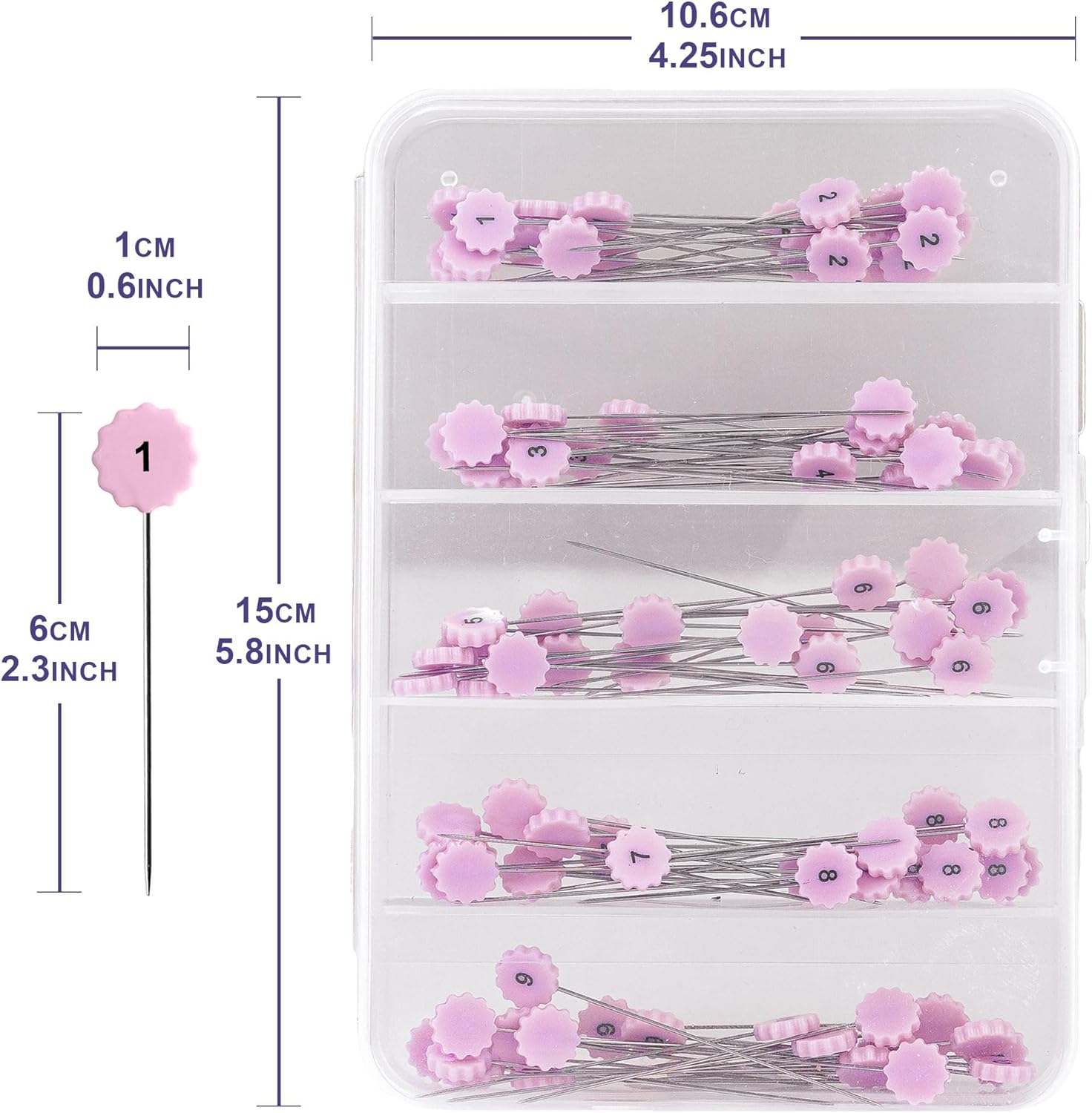 The Quilted Bear Numbered Flower Head Pins - 100 Pink Stainless Steel Pins for Sewing, Quilting & Dressmaking Essential Sewing Supplies with Sewing Pin Storage Box