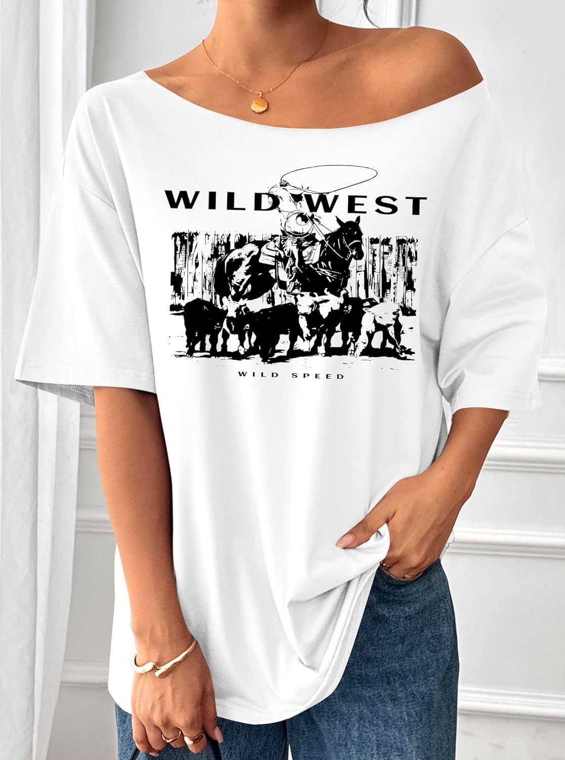 Remidoo Women's Oversized T Shirt Off The Shoulder Tops Short Sleeve Shirts Graphic Tees - Image 3