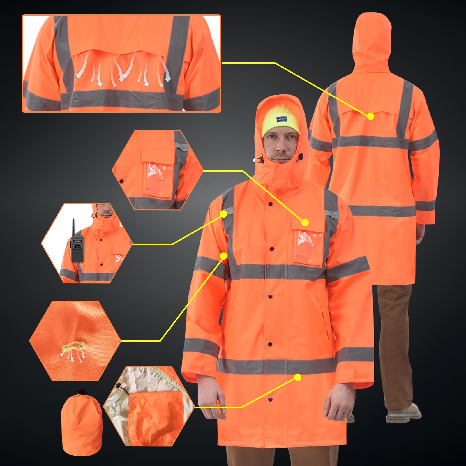 AYKRM Manteau de pluie de Travail Veste professionnelle compressible haute visibilité, Manteau de vent imperméable de sécurité