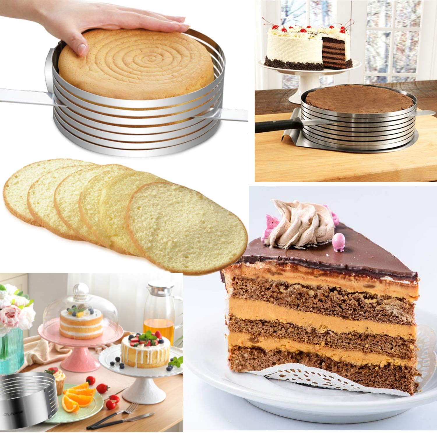 Cade Cake Leveler-Cake Slicer -Cake Mold Adjustable Stainless Steel Cake Ring-Cake Layer Slicer (Silver)