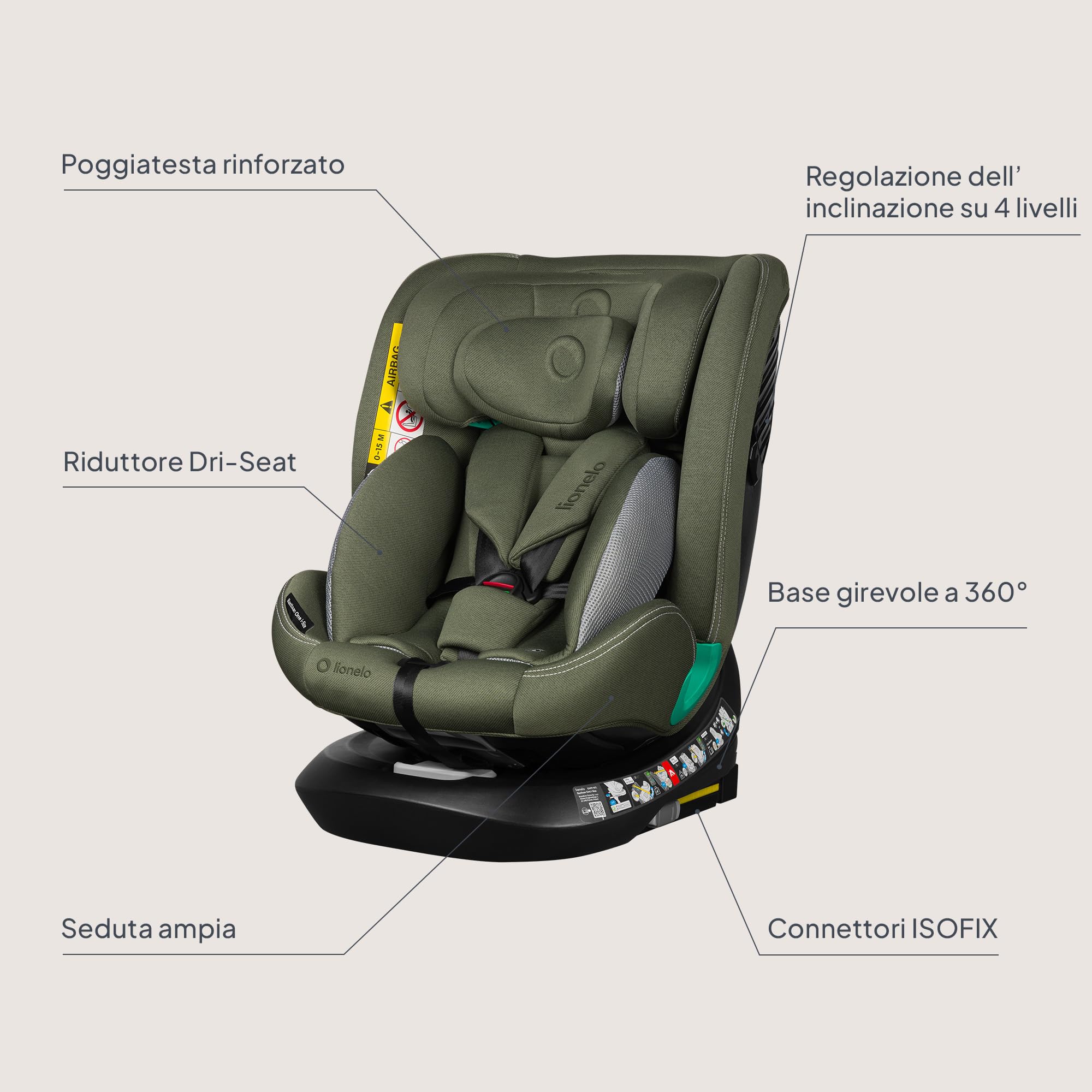 Lionelo Bastiaan i-Size Seggiolino Auto Evolutivo 4-in-1 per bambini 0-12 Anni (40-150 cm) ISOFIX e l'ultima Norma R129 Opzione Rivolto All'indietro, 21 Regolazioni, Girevole 360° Protezione Laterale