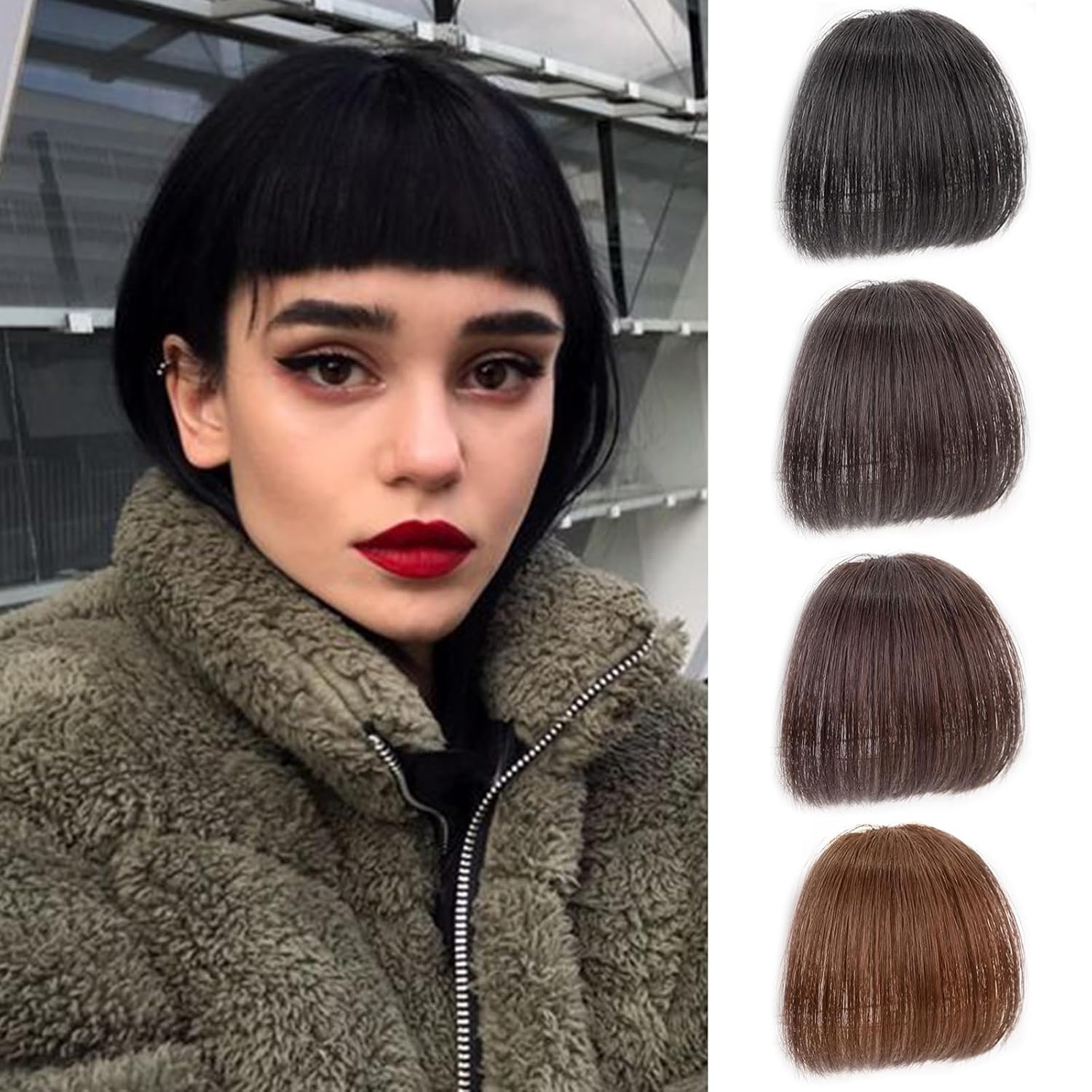 Short Clip on Bangs, 100% Real Human Hair French Bangs Black Thick Bangs Clip in Straight Neat Bangs Fringe without Temple Hairpiece Hair Extension for Women(Black)