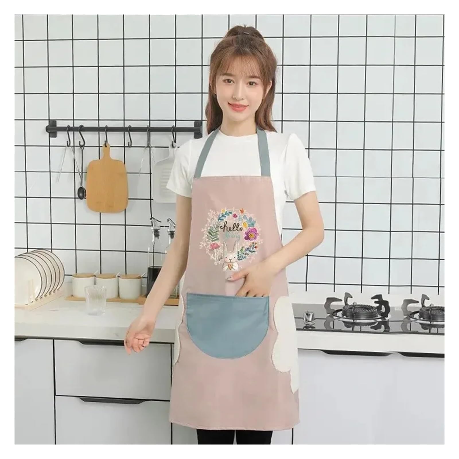 Delantal de cocina for mujer, con diseño conejo y guirnalda flores, impermeable, a prueba aceite, dibujos animados, borrable funda for las manos