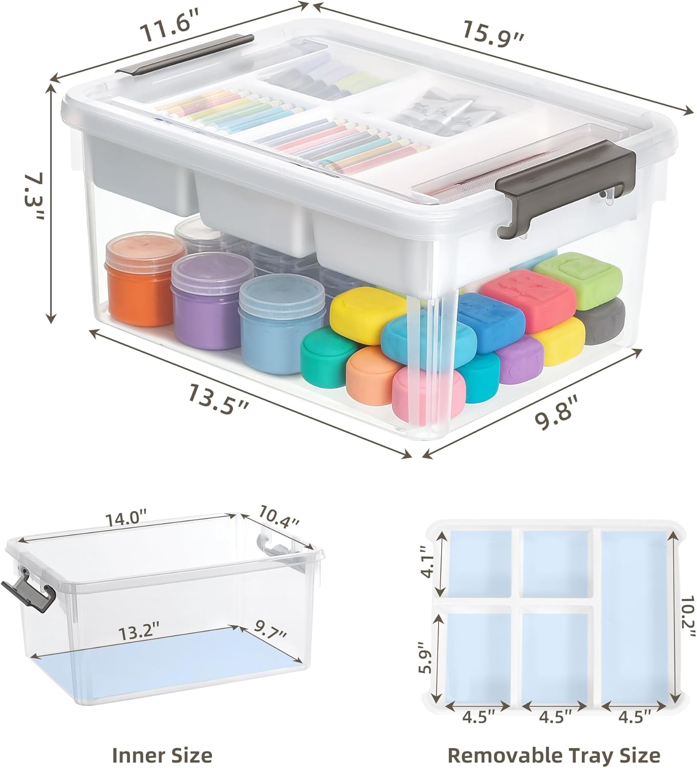 Bienvoun 17 QT Clear Stackable Craft Storage with 1 Removable Fixed-Compartment Tray, Craft Organizers and Storage for Painting, Coloring Book & Playdoh Supplies, 2 Packs