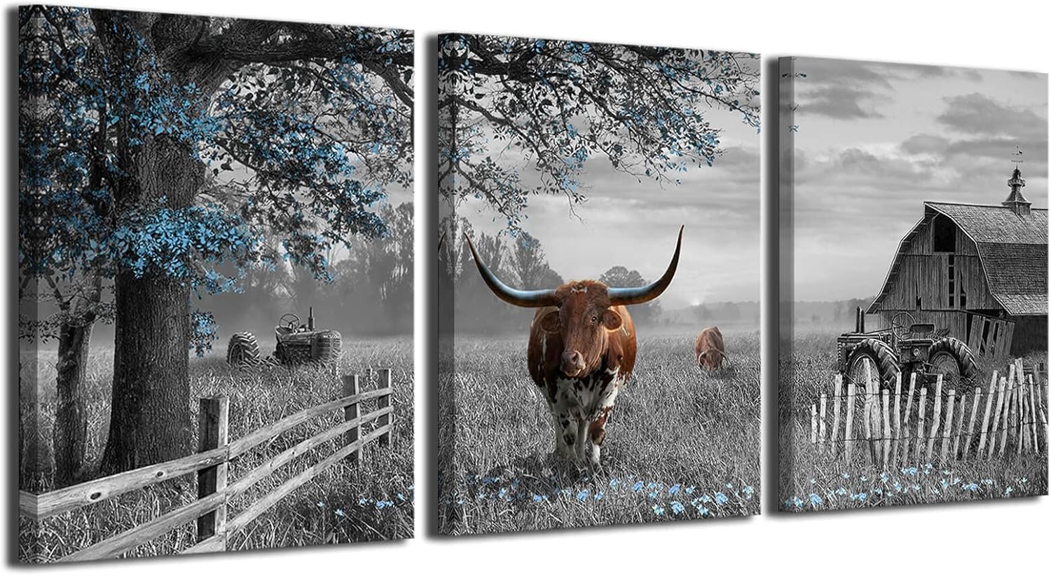 yiijeah Western Decor for Home - Large Pictures Wall Decor Living Room Modern Rustic Farmhouse Framed Wall Decor Prints Highland Cow boho Longhorn Decor Bedroom Canvas Artwork for Walls