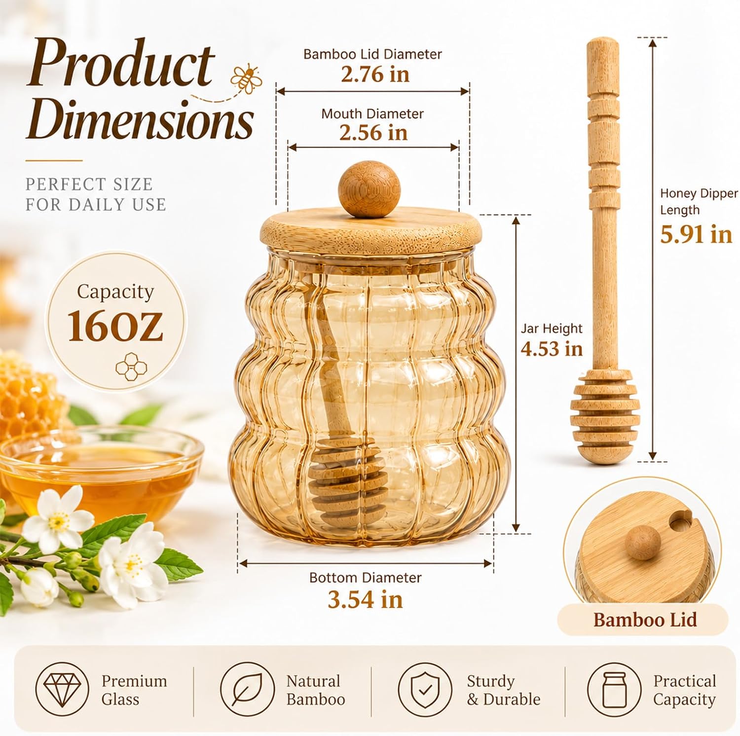16oz Honey Jar with Dipper and Lid, Borosilicate Glass Honey Pot