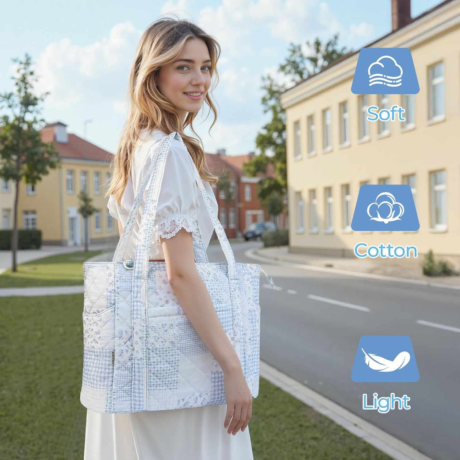 WOBAGMEN Quilted Tote Bag for Women, Floral Quilted Tote Bag with Zipper, Cute Shoulder Bag for Work, Travel, Gym