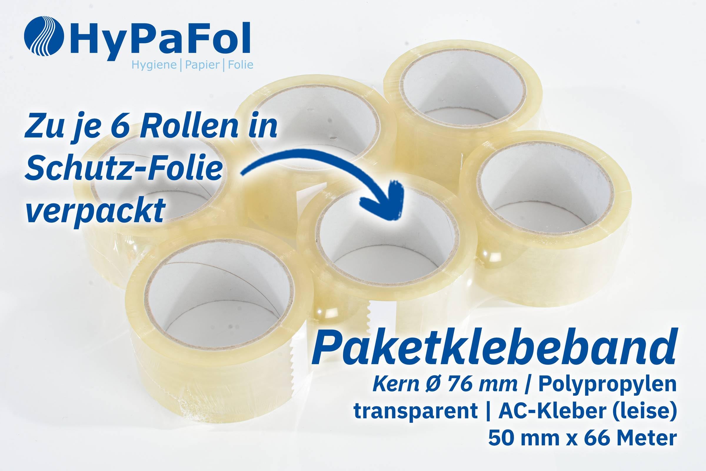 Hypafol Klebeband transparent I 36 x geräuscharmes Paketklebeband, 50mm x 66m I 76mm Durchmesser, für Handabroller geeignet I recyclebares Polypropylen-Paketband I sicherer Verschluss & feste Haftung