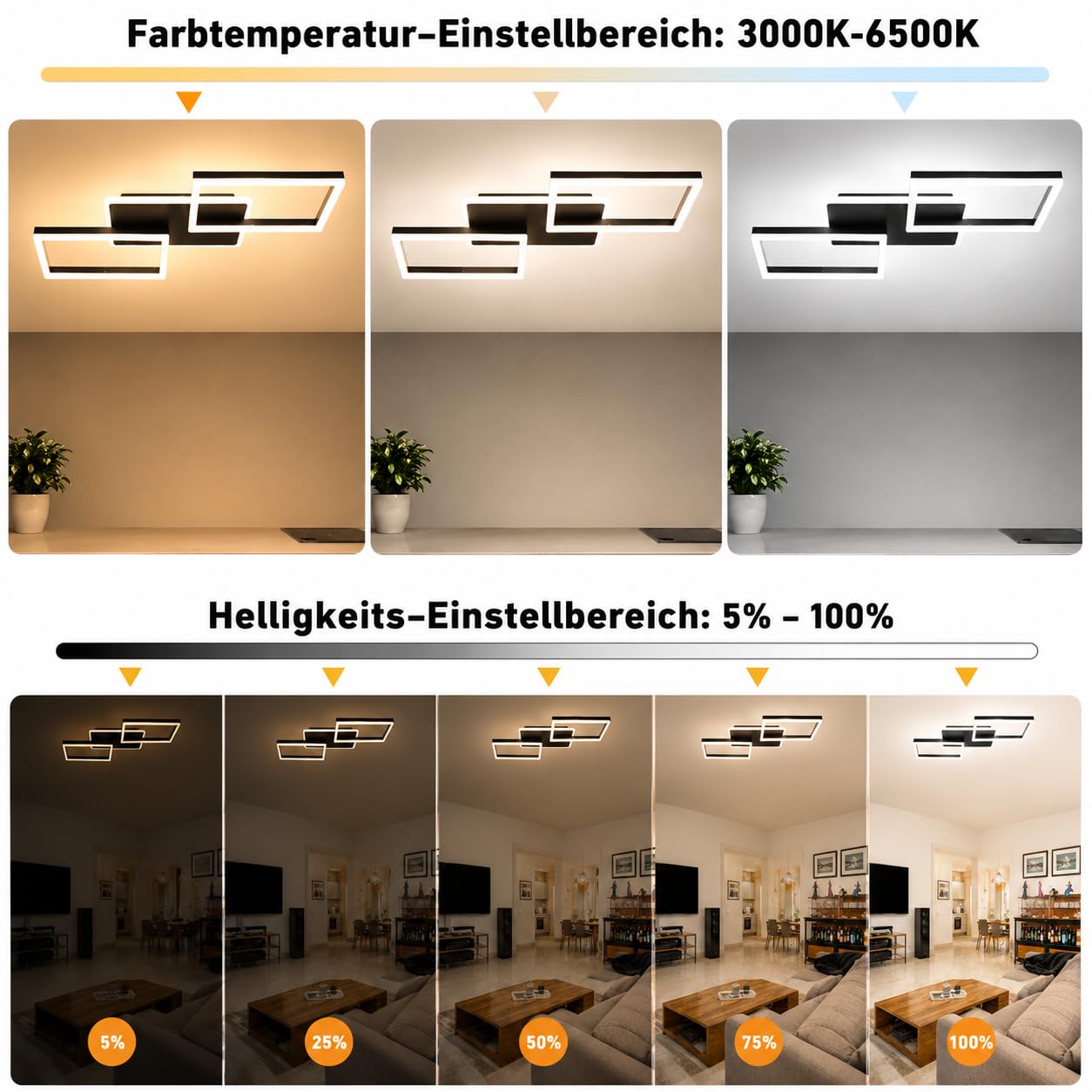 ZMH LED Deckenleuchte Wohnzimmer dimmbar 54cm Deckenlampe Schlafzimmer 48W | Wohnzimmerlampe Schwarz modern Schlafzimmerlampe decke Küchenlampe mit Fernbedienung aus Metall für Küche Esszimmer Büro