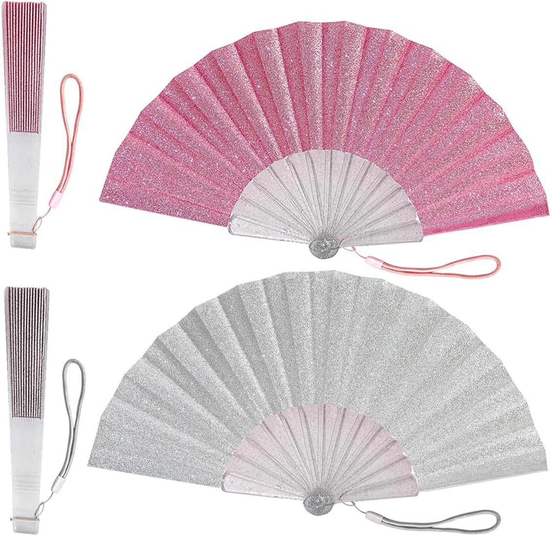 HeyToo Women Handheld Hand Held Folding Fan Foldable Fans For Summer Fan With Glitter Fabric and Shining Transparent Rib Decorative Festival Party Wedding Club Dancing For Men Women N Gifts pink