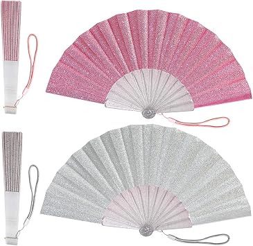 2pcs Women Handheld Hand Held Folding Fan Foldable Fans For Summer Fan With Glitter Fabric and Shining Transparent Rib Decorative Festival Party Wedding Club Dancing For Men Women N Gifts pink siliver