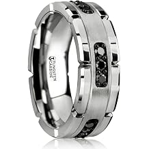 Thorsten Valor Grooved Tungsten Ring W/Silver Inlay & Black Diamonds 8mm