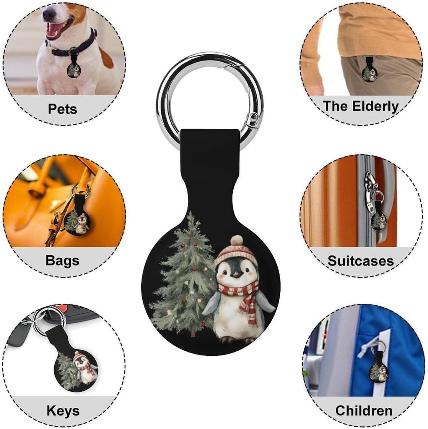 Penguins Christmas Tree Case Compatible with AirTag Holder Cover with Keychain Ring for Bags Luggages
