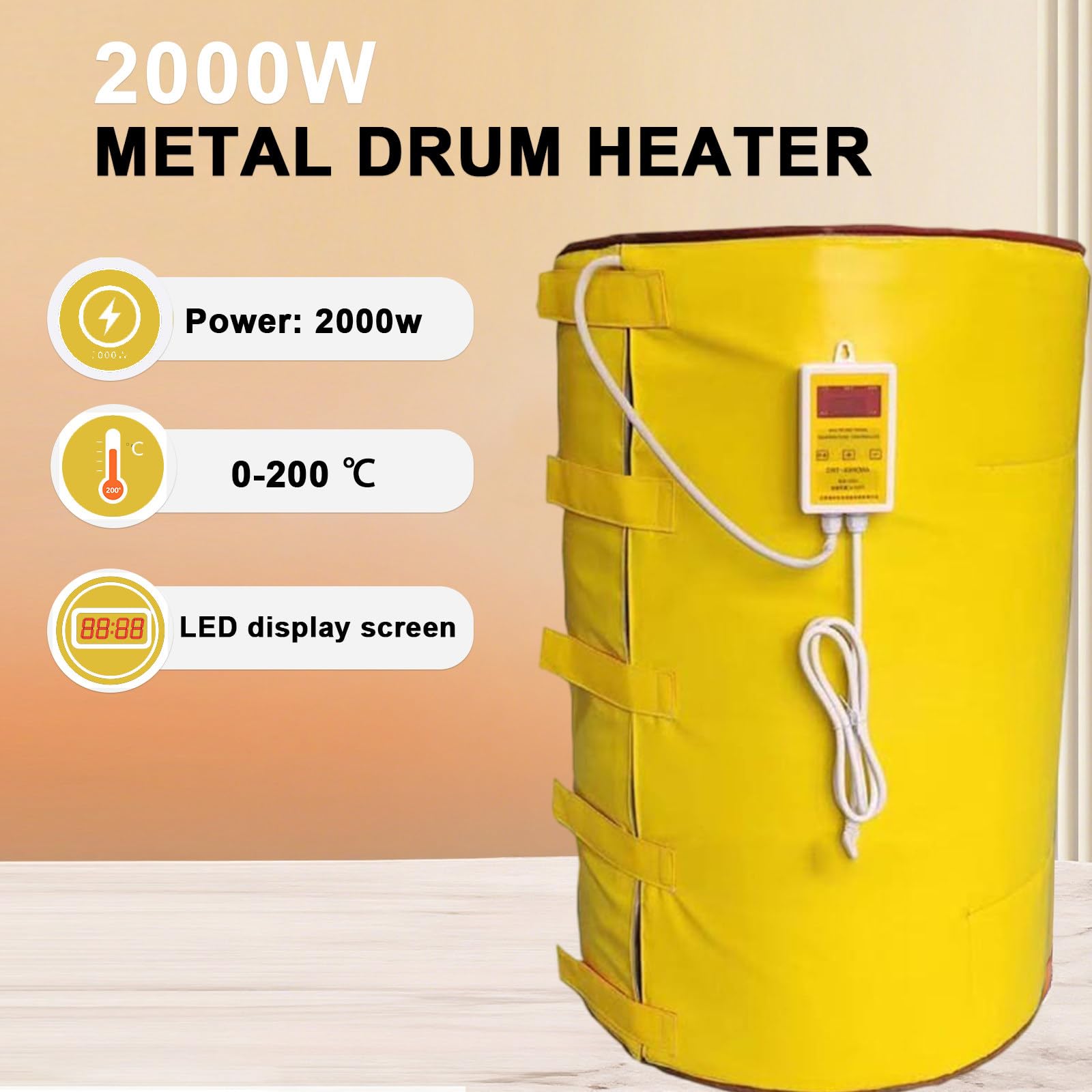 Metalowy Podgrzewacz Beczek | Koc Grzewczy 2000 W Do Beczek 55 Galonów | Zewnętrzna Regulacja Temperatury 0-200°C | Elastyczna I Odłączana Konstrukcja