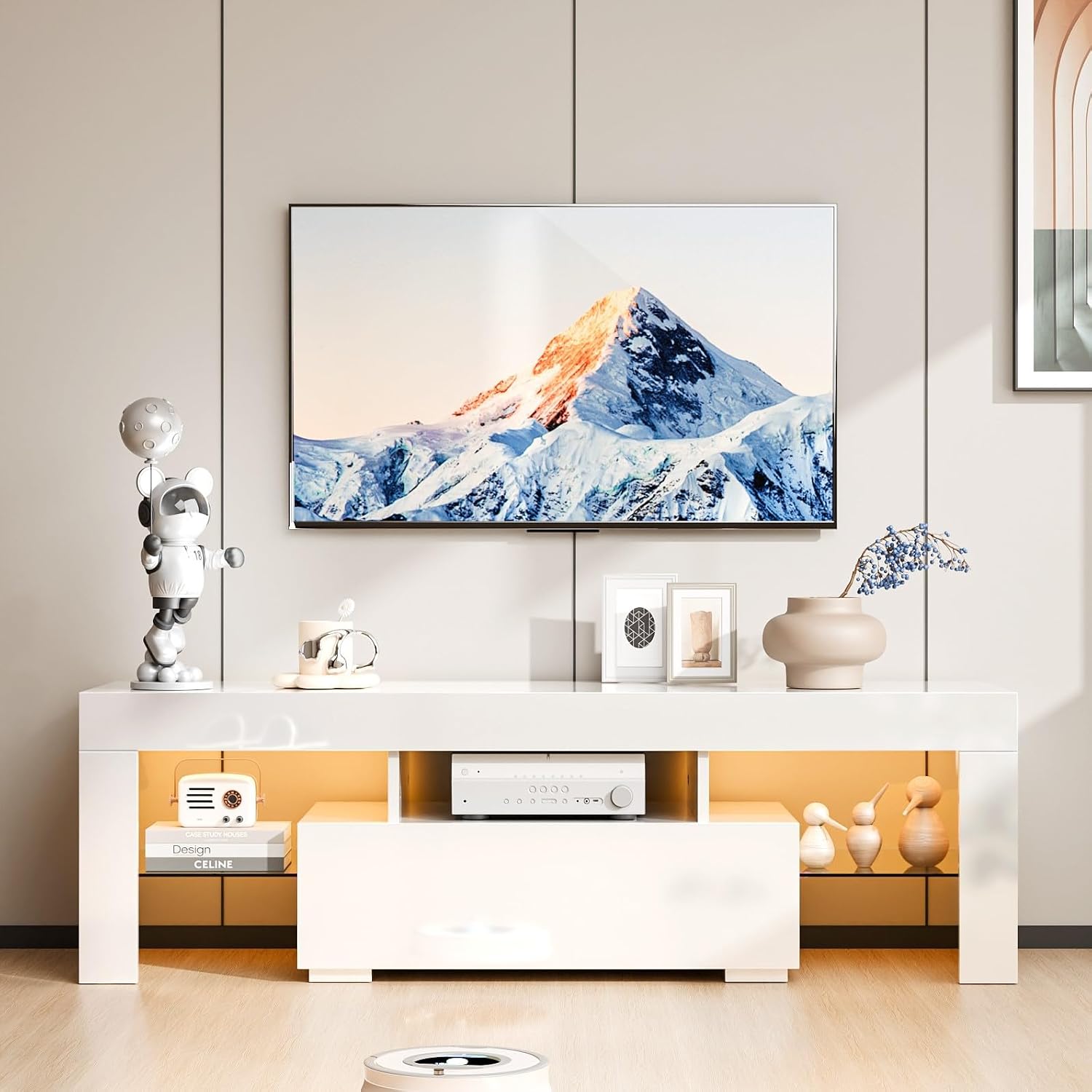 VINGLI 51'' LED TV Stand, High Glossy Modern Entertainment Center with LED Lights and Storage for 40/43/50/55 Inch TV (White, 51'' x 14'' x 18'')