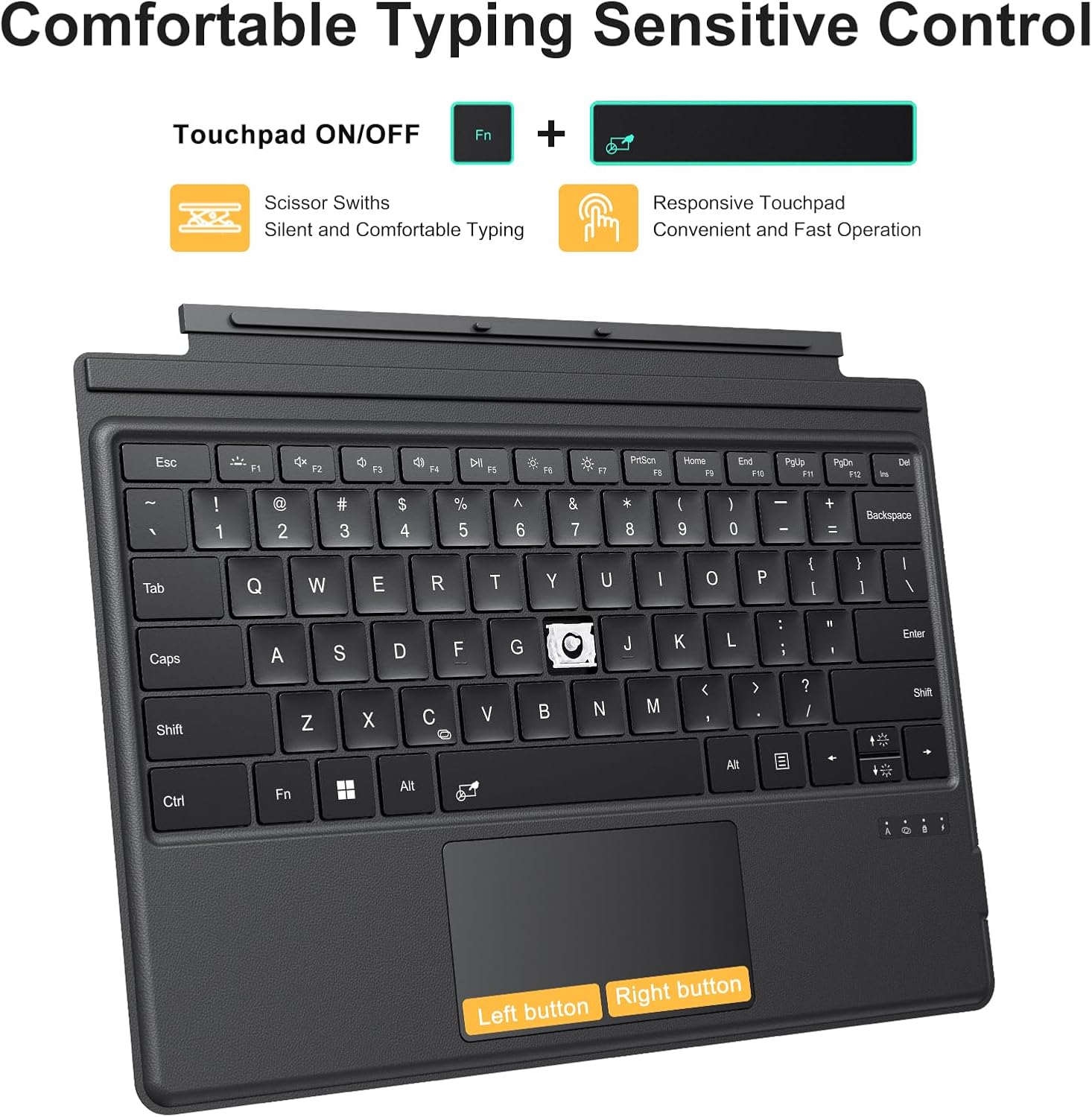 Image highlighting the trackpad and its functions, including turning it on/off with Fn + Spacebar.