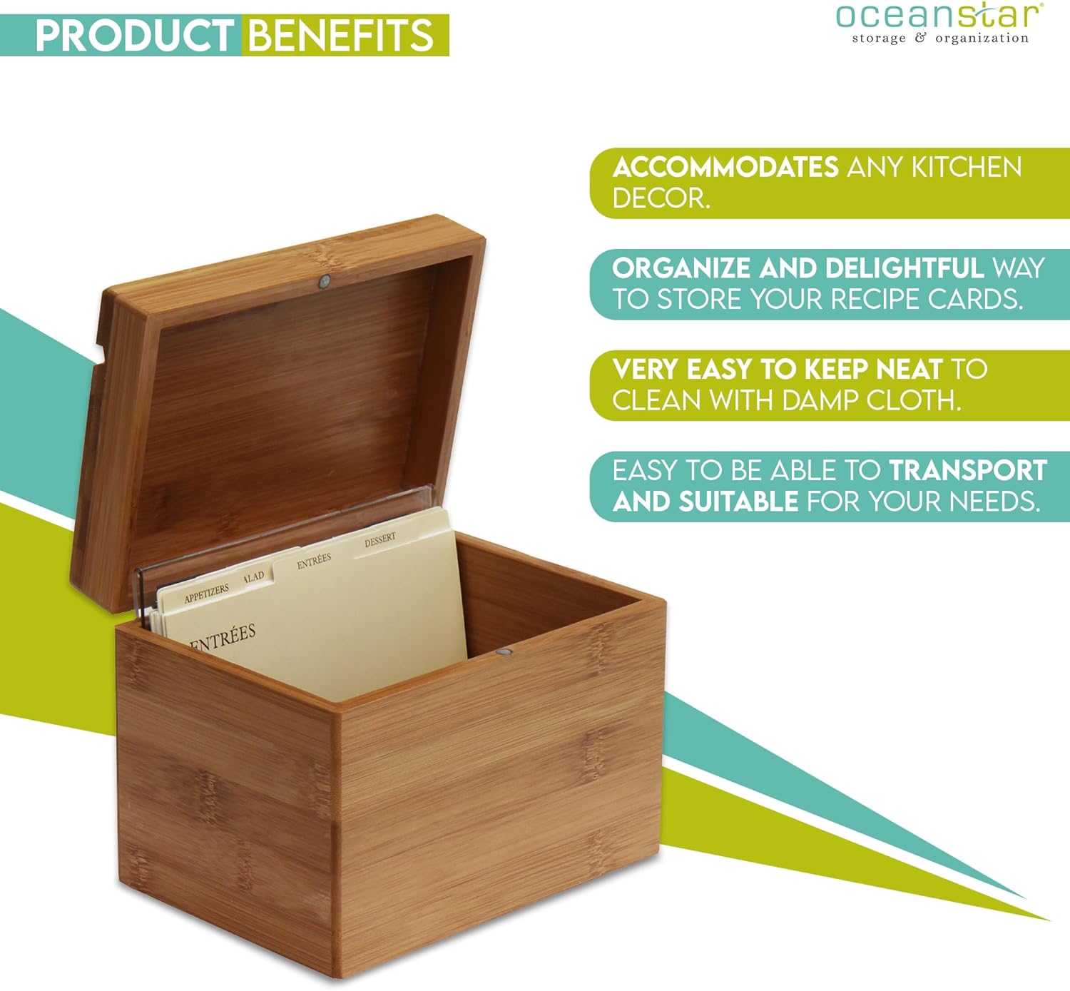 Oceanstar Bamboo Recipe Box with Divider, Natural, 6.80" W x 4.90" D x 5.10" H