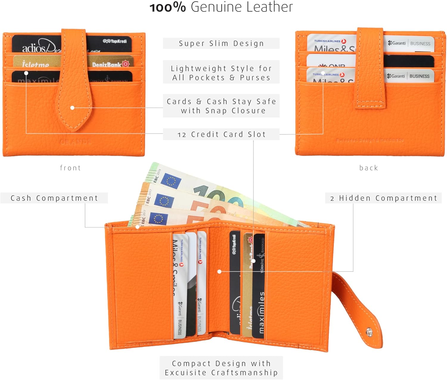 grande 3803 Genuine Leather Card Holder For Women and Men Slim Minimalist Card Case Small Snap Wallet (Orange) - Image 6