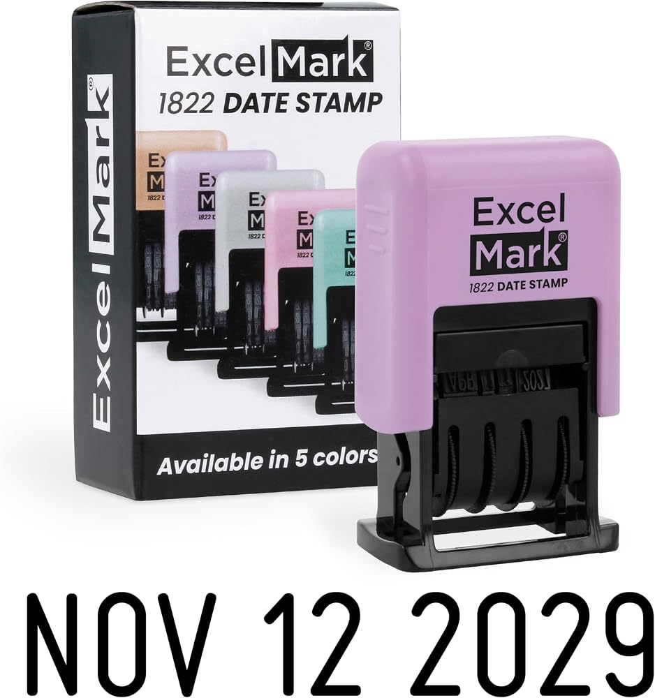ExcelMark 1822 Self Inking Date Stamp – Perfect for Shipping, Receiving, Expiration and Due Dates (Black Ink, Violet Mount)