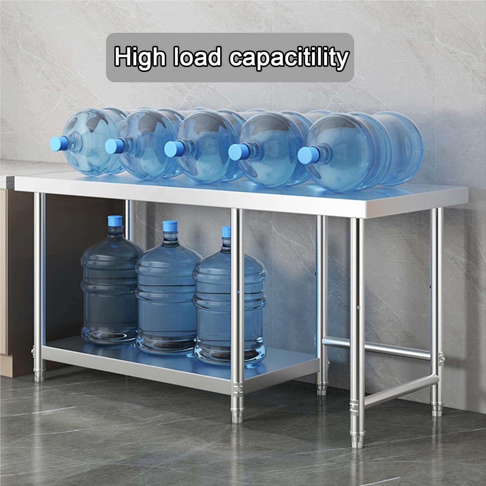 Mesa de Trabajo Cocina Tres Niveles Taller con Espacio para Botellas Gas Estantes Almacenamiento Estructura Reforzada Patas Ajustables Alta Capacidad Carga