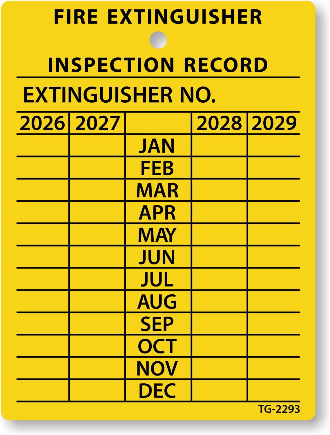 SmartSign 4-Year Yellow Fire Extinguisher Tags Monthly Inspection (10-Pack), 2.25" x 3", 2026 to 2029, Heavy-Duty Polyethylene, Tear Proof, 2+ Year Outdoor Life, Made in USA