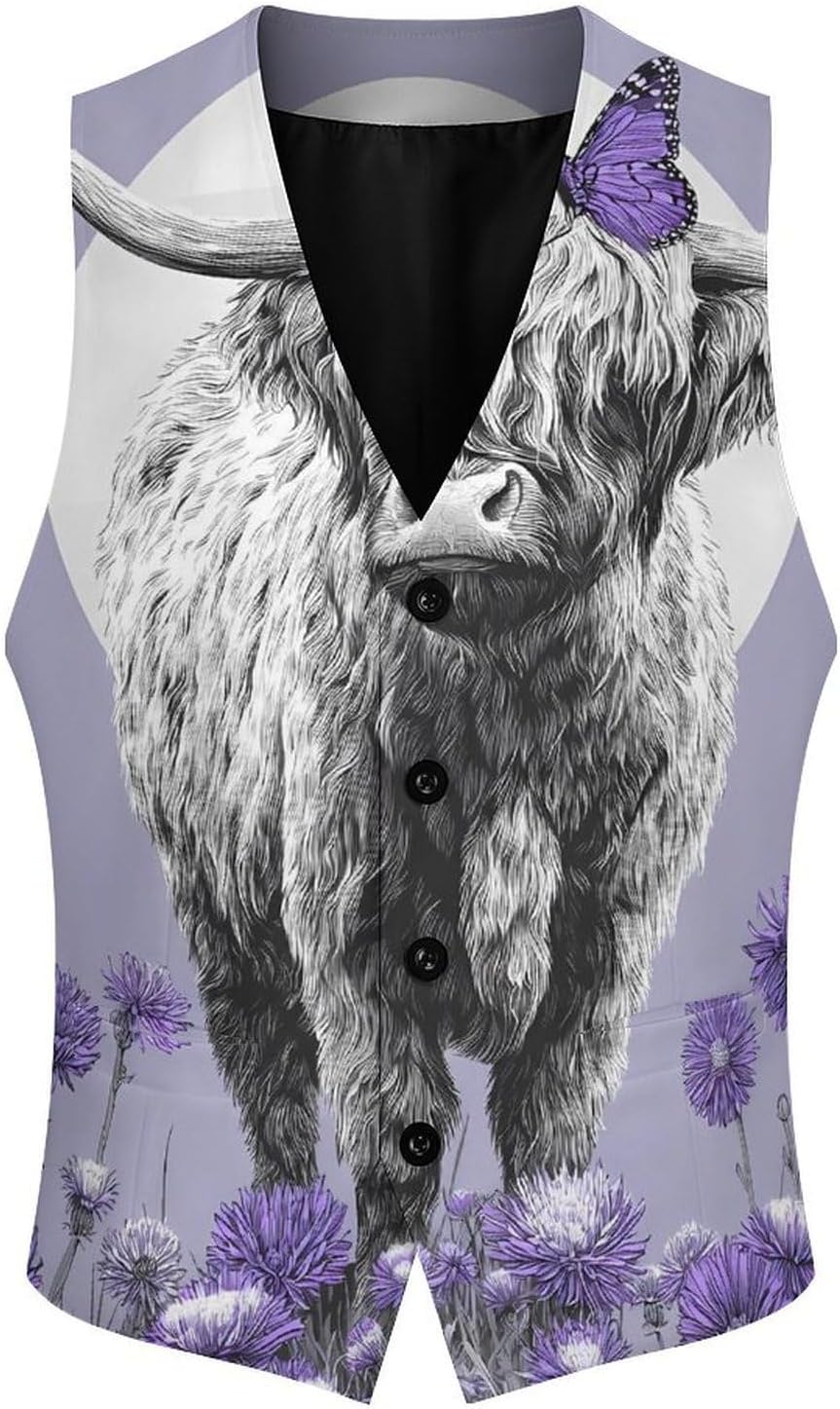 Highland Cow Flowers Men's Suit Vest Formal Vests Casual Dress Fit Waistcoat Casual Tuxedo for Business