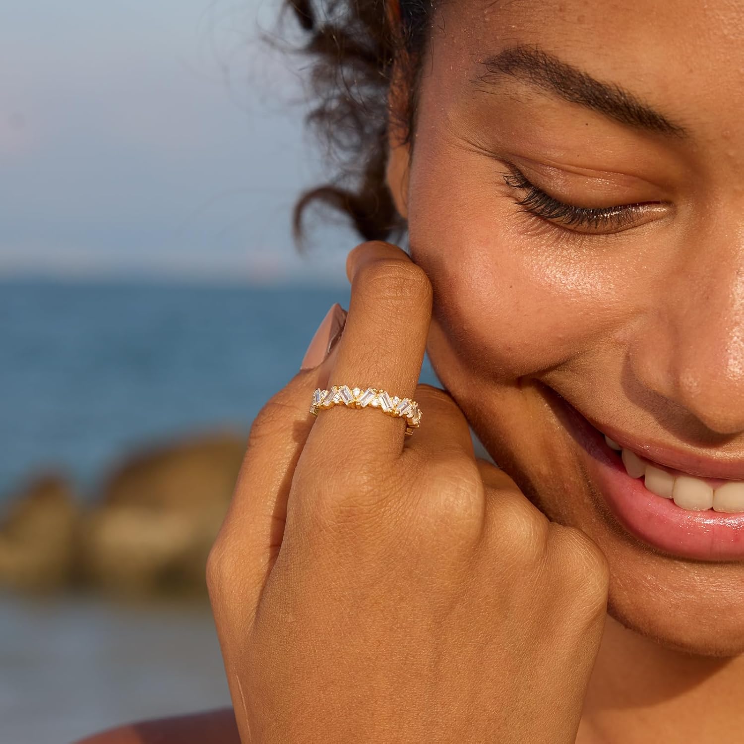 STORYJEWELLERY Eternity Band Rings for Women, Gold Plated Wedding Bands for Women, Baguette Ring, Cubic Zirconia Rings, Emerald Cut Ring, Gifts for Her - Image 2