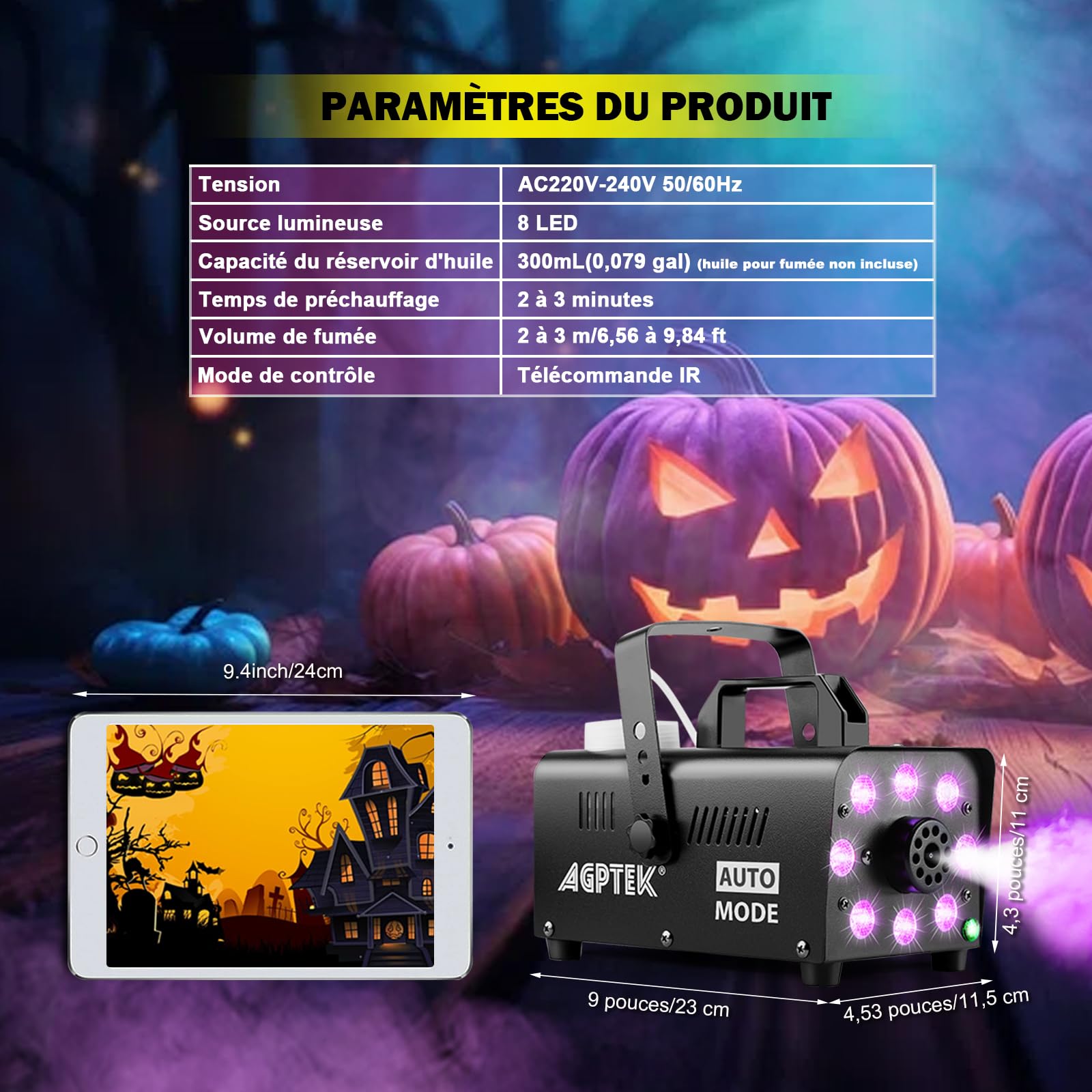 AGPTEK Machine à fumée télécommande avec 13 lumières LED colorées, puissance de 2000CFM avec 2 télécommandes sans fil, parfait pour mariage, Halloween et spectacles