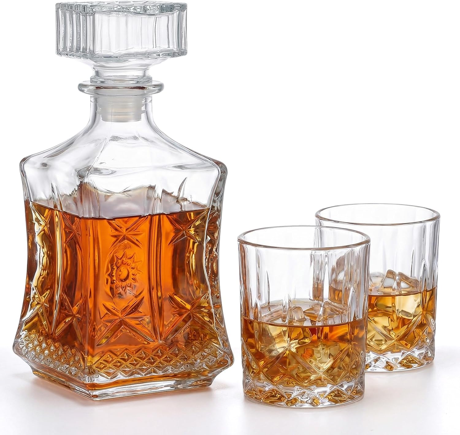 Whiskey Decanter Set with 2 Whiskey Glasses, Glass Liquor Decanter Set, Crystal Decanters Sets for Tequila, Bourbon, Brandy and Vodka, Ideal Gift for Men Home Bar Decor, 25oz