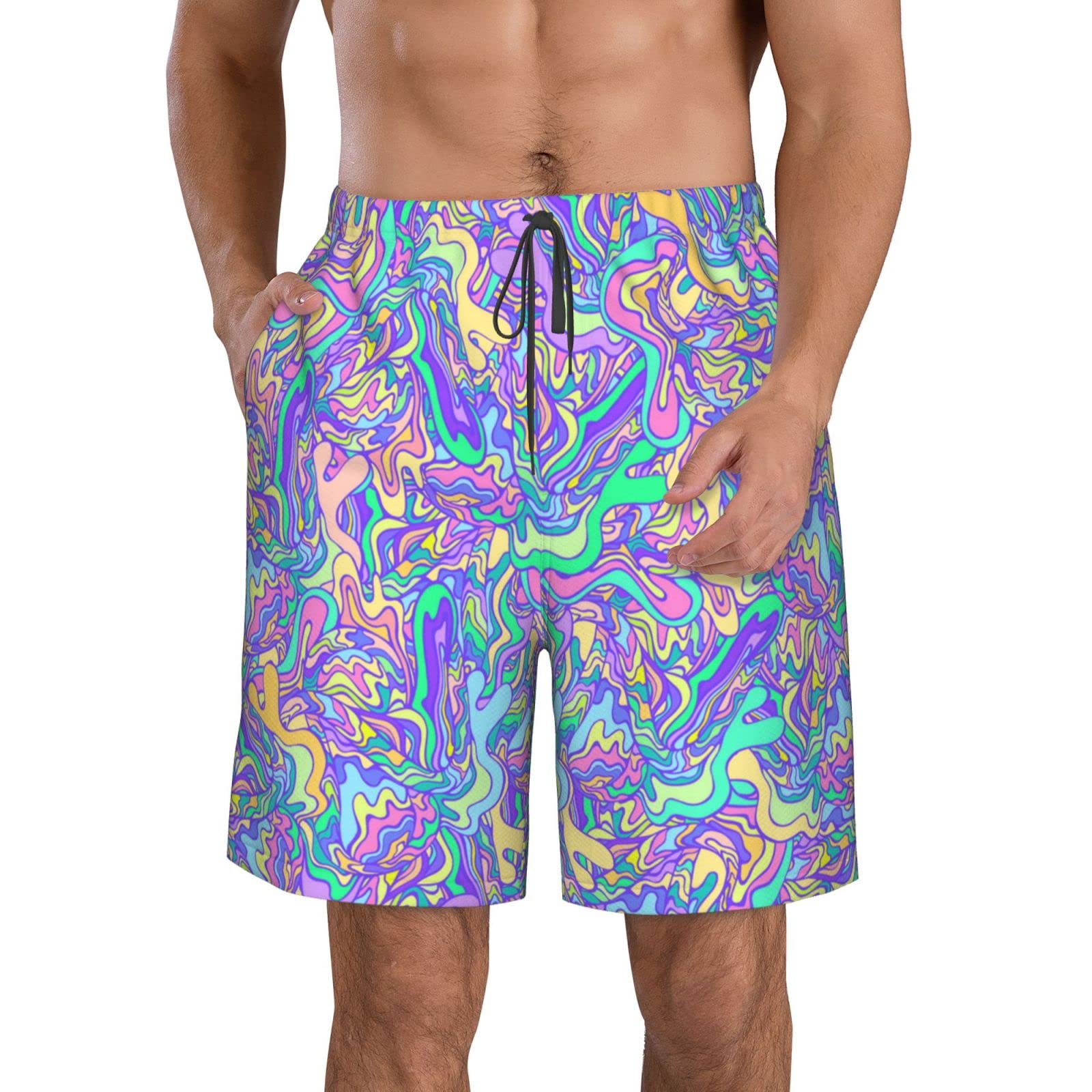JUZGTSIT Men's 3D Swimming Beach Shorts Psychedelic Waves Abstract Trippy Outdoor Quick Drying Shorts White