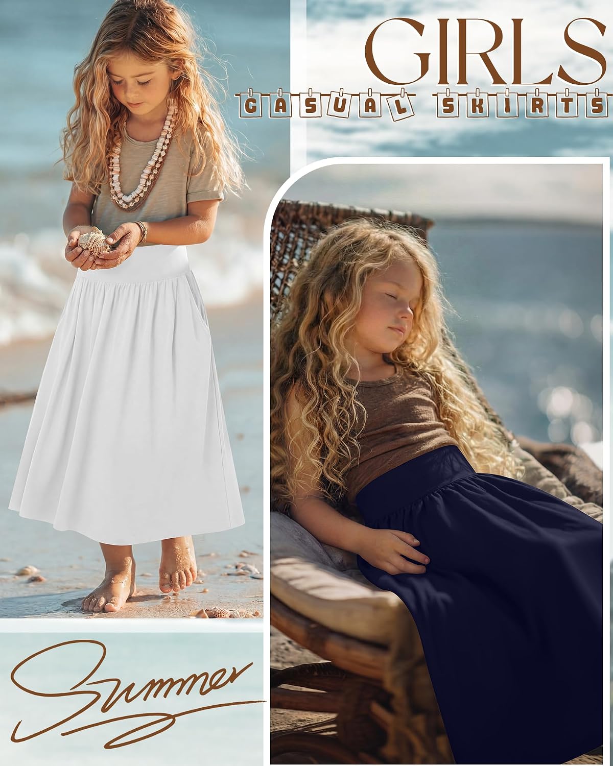 3 Pack Girls Maxi Long Skirt 5-16 Years Ankle Length High Waisted Flowy Pleated Summer Casual Skirts with Pockets