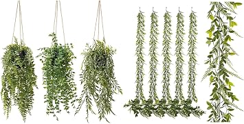 3 Packs Fake Hanging Plants with pots and 6 Pack Artificial Greenery Garland Bundle