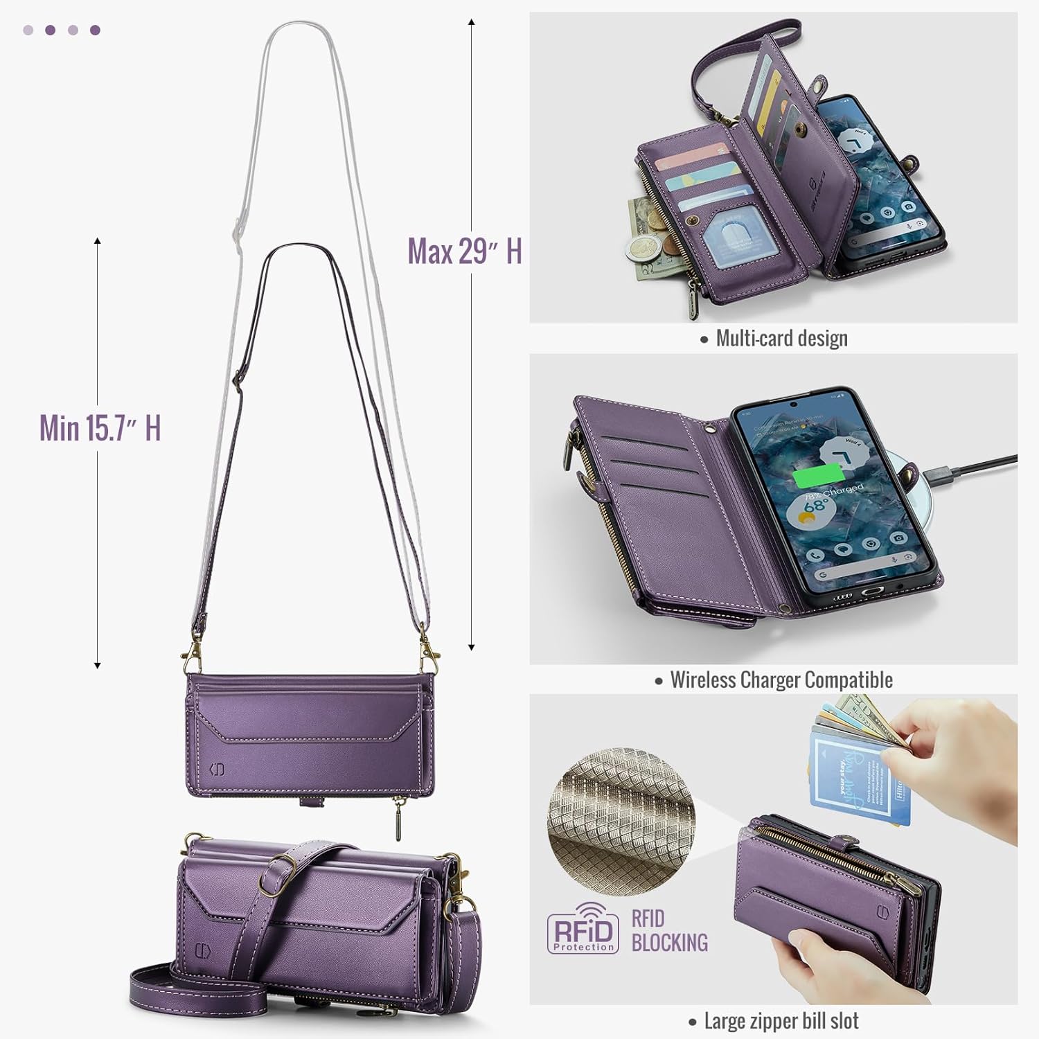 Strapurs Wallet Case Compatible with Google Pixel 10 Pro XL RFID Blocking 10-Card Holder Soft PU Leather Magnetic Snap Shoulder Strap Zipper Phone Case Fit for Pixel 10 Pro XL - Purple