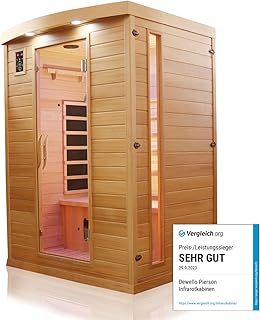 Dewello® Infrarotkabine Infrarotsauna Pierson 135cm x 105cm 1-2 Personen aus Hemlock Holz mit Vollspektrumstrahler, Bodenstrahler, LED-Farblicht, Bluetooth, FM,MP3,USB