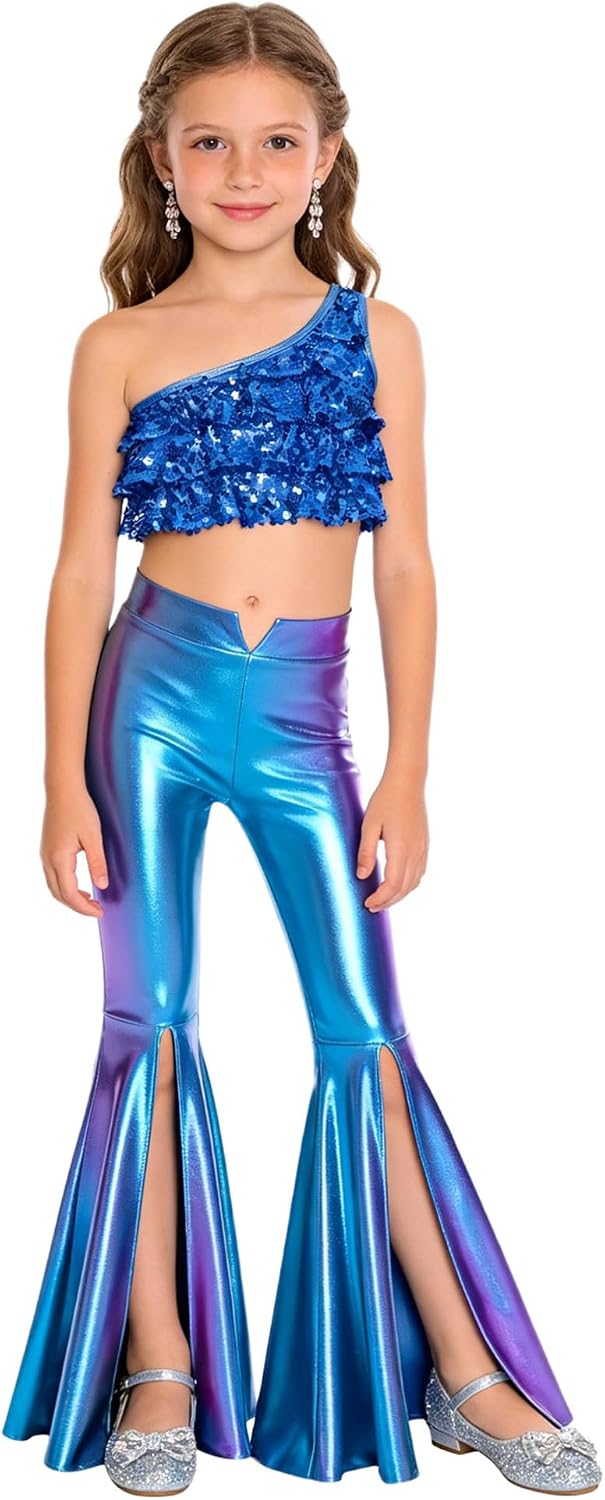 Agoky Kids Girls Sequin Dance Outfit Sparkly Crop Top with Metallic Bell Bottom Pants Hip Hop Jazz Street Dancewear Royal Blue 6 Years