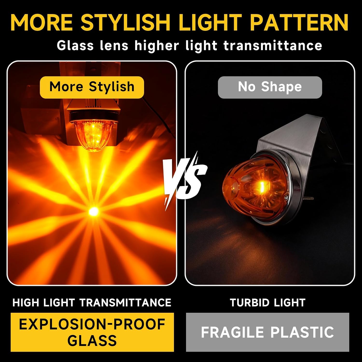 HOCHO Amber Glass Lens Watermelon Lights with Bracket, Upgraded +200% Brighter All Sealed Waterproof 9-48V LED Marker Turn Signal Lights for Semi Truck Kenworth Peterbilt Freightliner