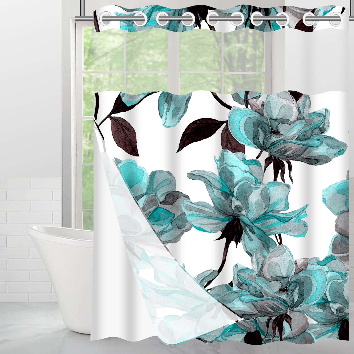 GALMAXS7 Teal Shower Curtain Liner, Floral Hookless Shower