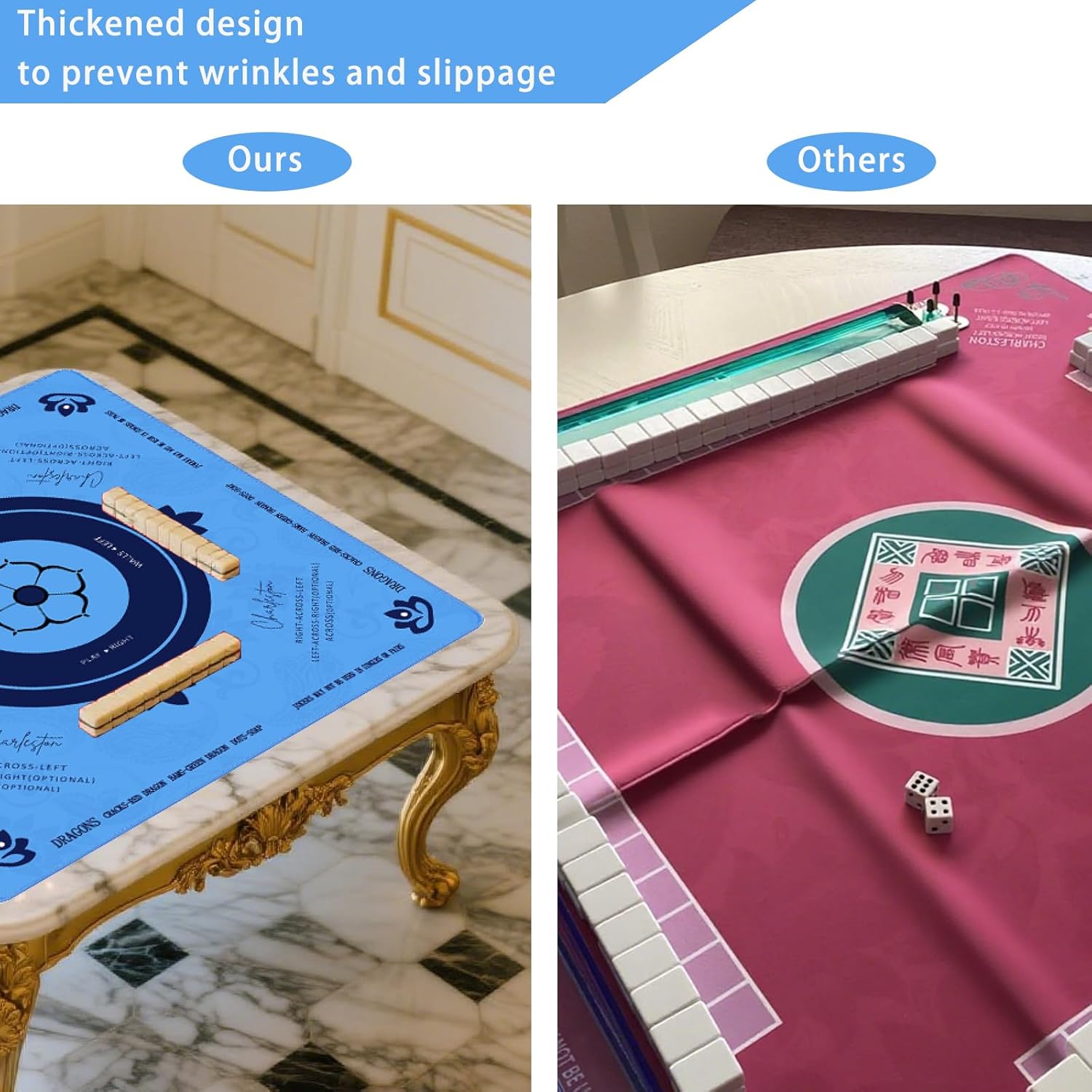 Mahjong Mat, 31.5x31.5 Inch 3mm Thickened American Mahjong Mat for Table with Rules Printed,Anti-Slip, Noise Reduction Mahjong Gift (Blue)