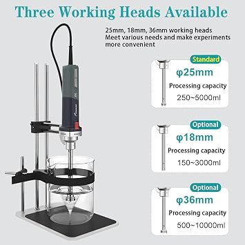 Lab Cell Tissue Homogenizer, 9,000-25,000 RPM Handheld High-Speed Homogenizer with Stainless Steel Probe, 6-Speed Adjustable for 150-10000ML Sample, with Stand, for Food, Medicine, Cosmetic,3Heads
