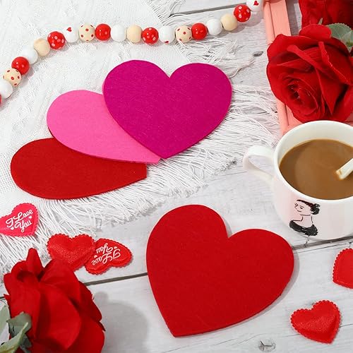 Miniatura 7 de Whaline Juego de 15 posavasos de fieltro para San Valentín, diseño de corazón rojo y rosa, posavasos absorbentes antideslizantes para protección de