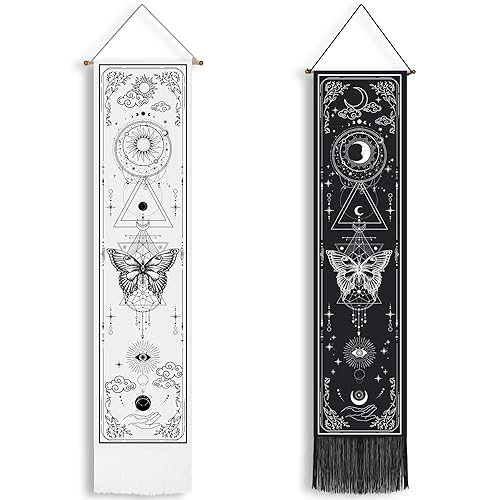 Newwiee 2 Pcs Black and White Vertical Tapestry Sun and Moon Moth Vintage Tapestry Aesthetic Hanging Gothic Witchy for Halloween Living Room and Bedroom Wall Decor,12.8 x 53.1 Inches