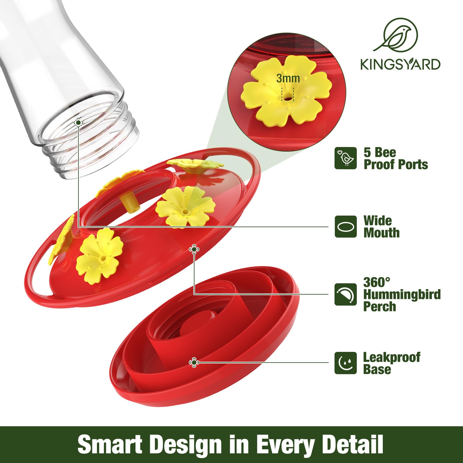 Kingsyard Glass Hummingbird Feeder for Outdoors Hanging, 10 oz Leak-Proof Humming Bird Feeders with Ant Moat & Bee Proof Feeding Ports, Hummingbird Gift for Bird Lovers (Clear) - 4