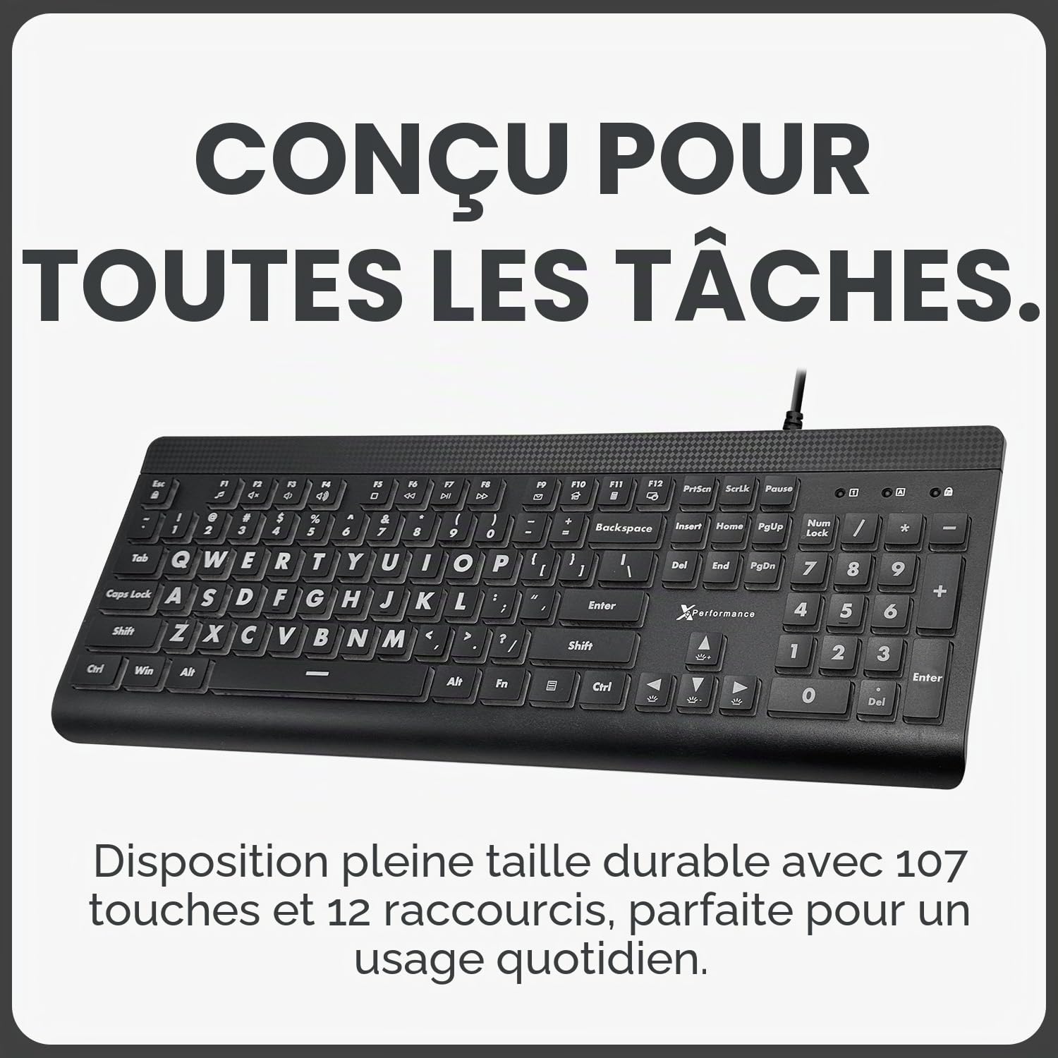X9 Performance Clavier rétroéclairé à Grande Impression – Lettres surdimensionnées faciles à Voir – Filaire USB, Disposition complète de 107 Touches, 7 LED de Couleur – Clavier à Grandes Lettres pour