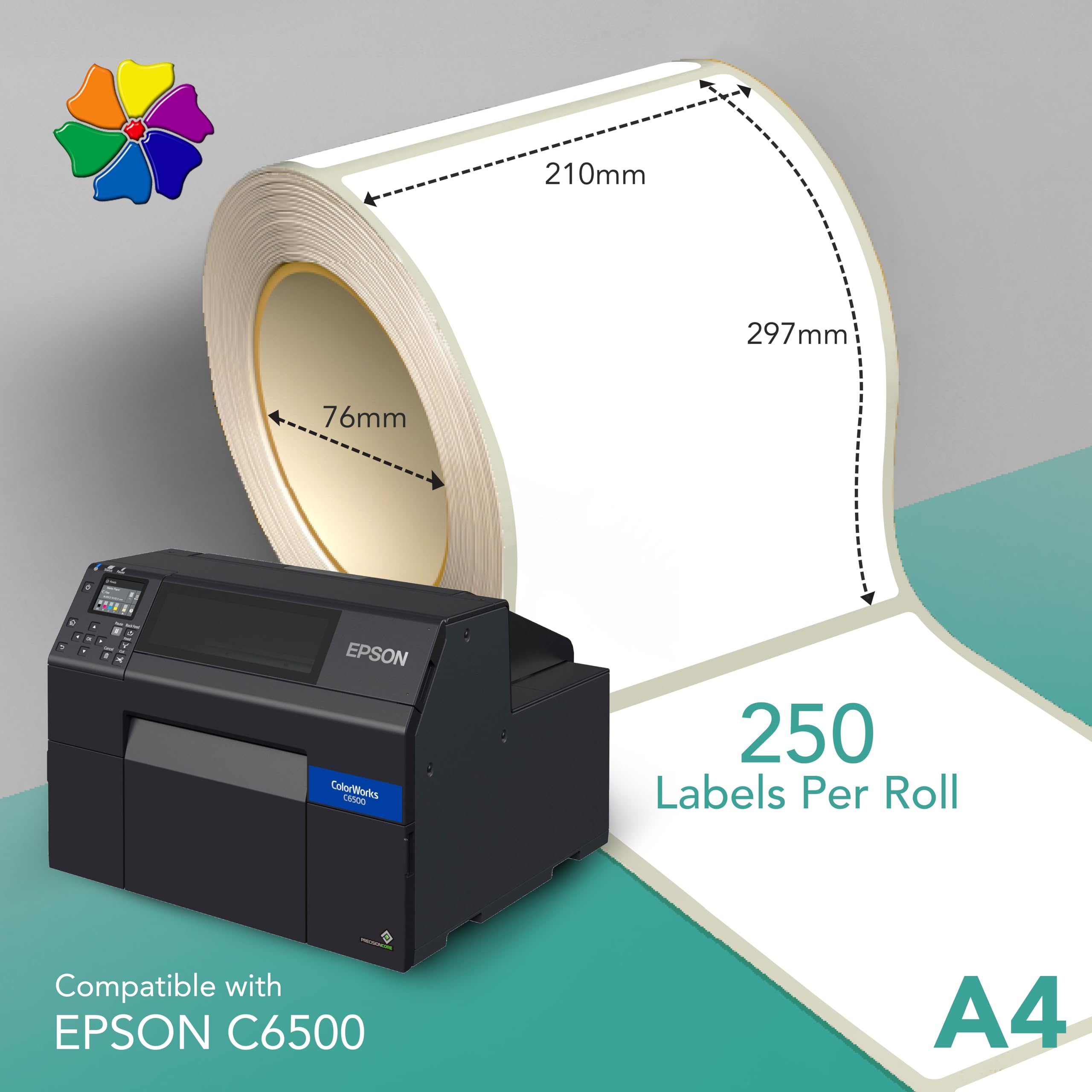 A4 (210x297mm) BS5609 Certified Chemical Labels. Compatible with Epson C6500 ColorWorks Printer. Blank Hibiscus Aquajet PP Stickers - GHS & ADR Compliant for Durable Chemical Labelling.