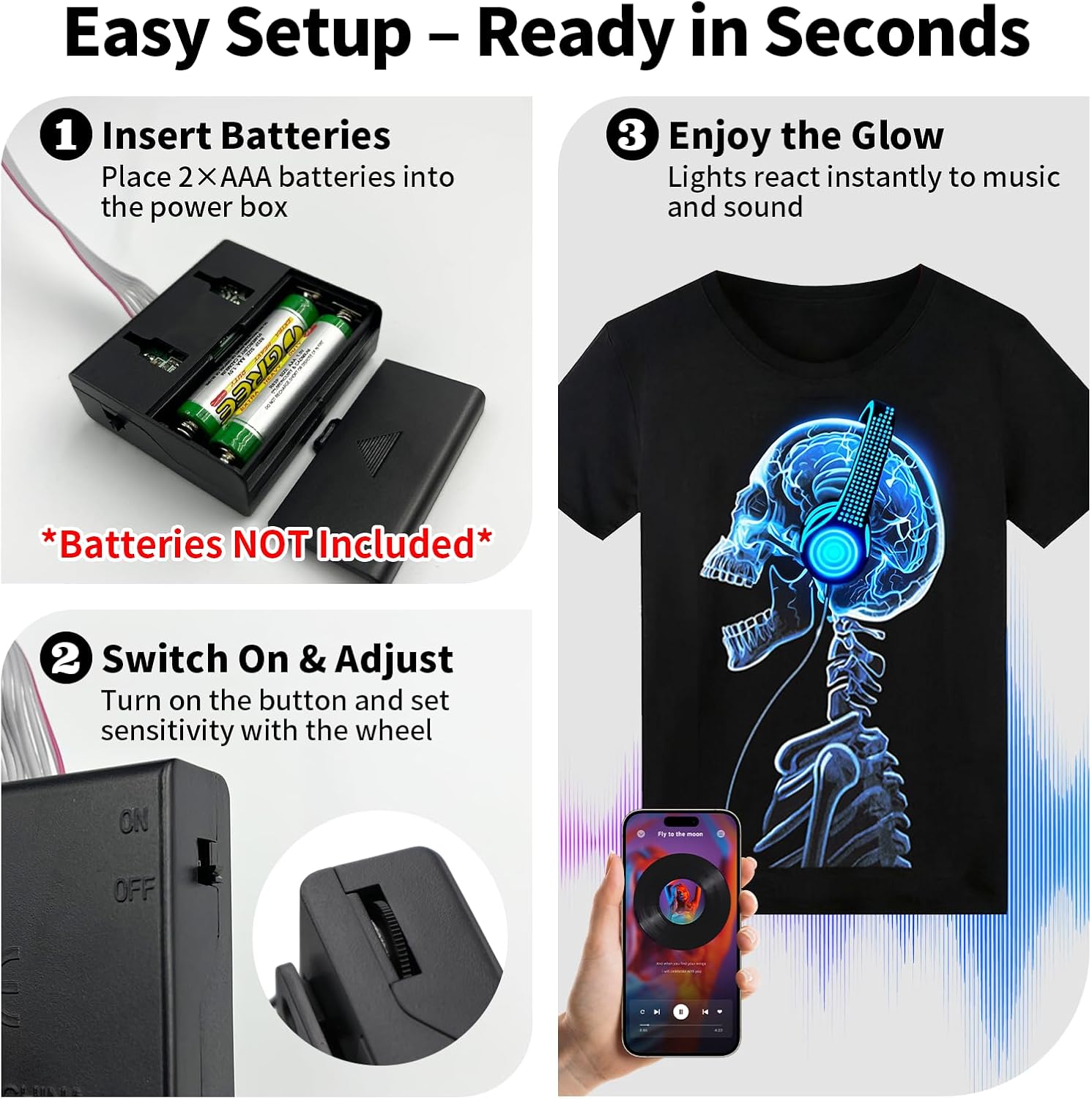 Sound Activated LED T-Shirt, Glow in The Dark Light Up Shirt for Men, Neon Shirt for Rave, Glow Party, Concert, Halloween