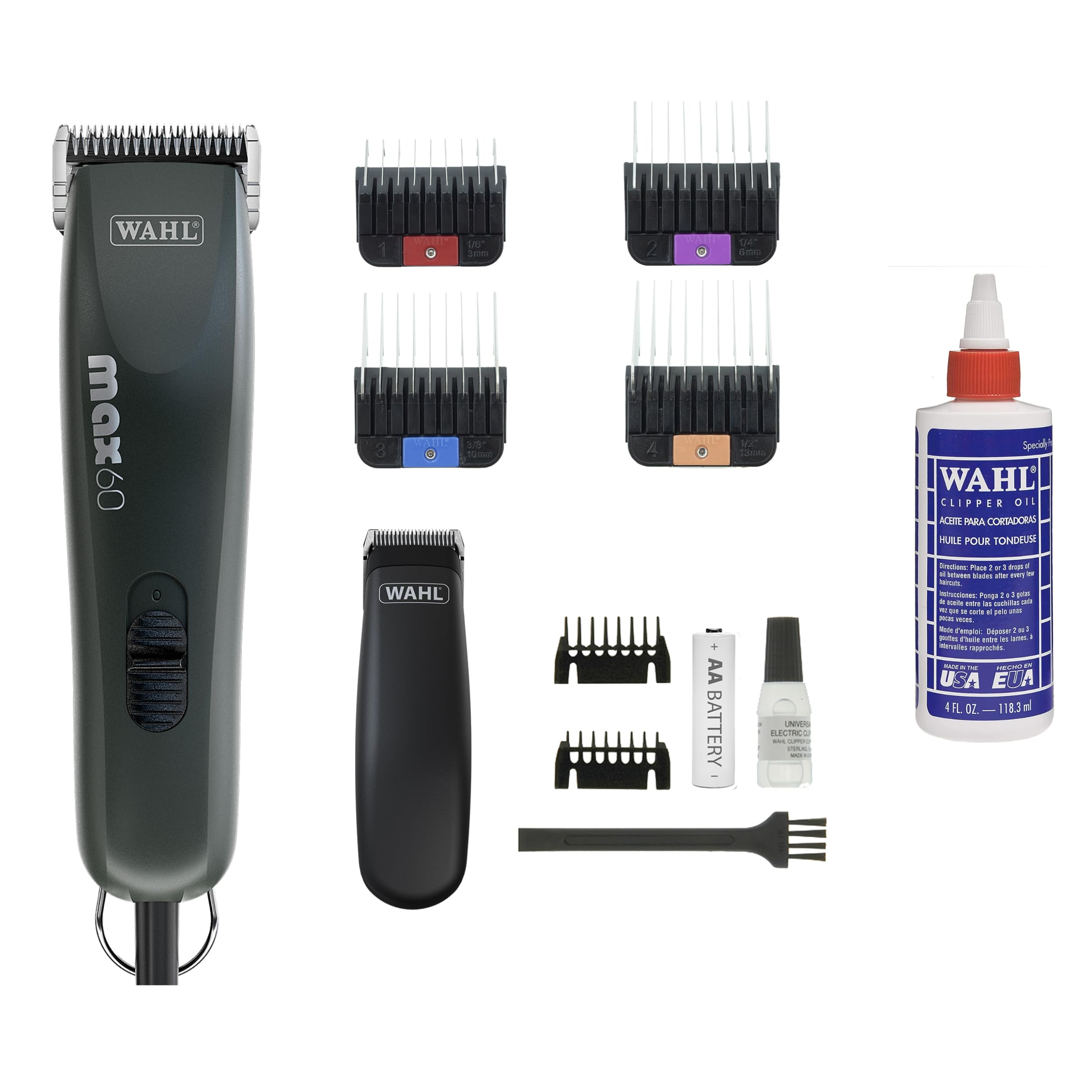 WAHL Tierhaarschneide-Set Max 60+Pocket Pro – Haarschneidemaschine und Trimmer für Haustiere, Pflege-Set für Haustiere, vibrationsarm, leicht + WAHL Öl – 118,3 ml, verbessert die Leistung der Klingen