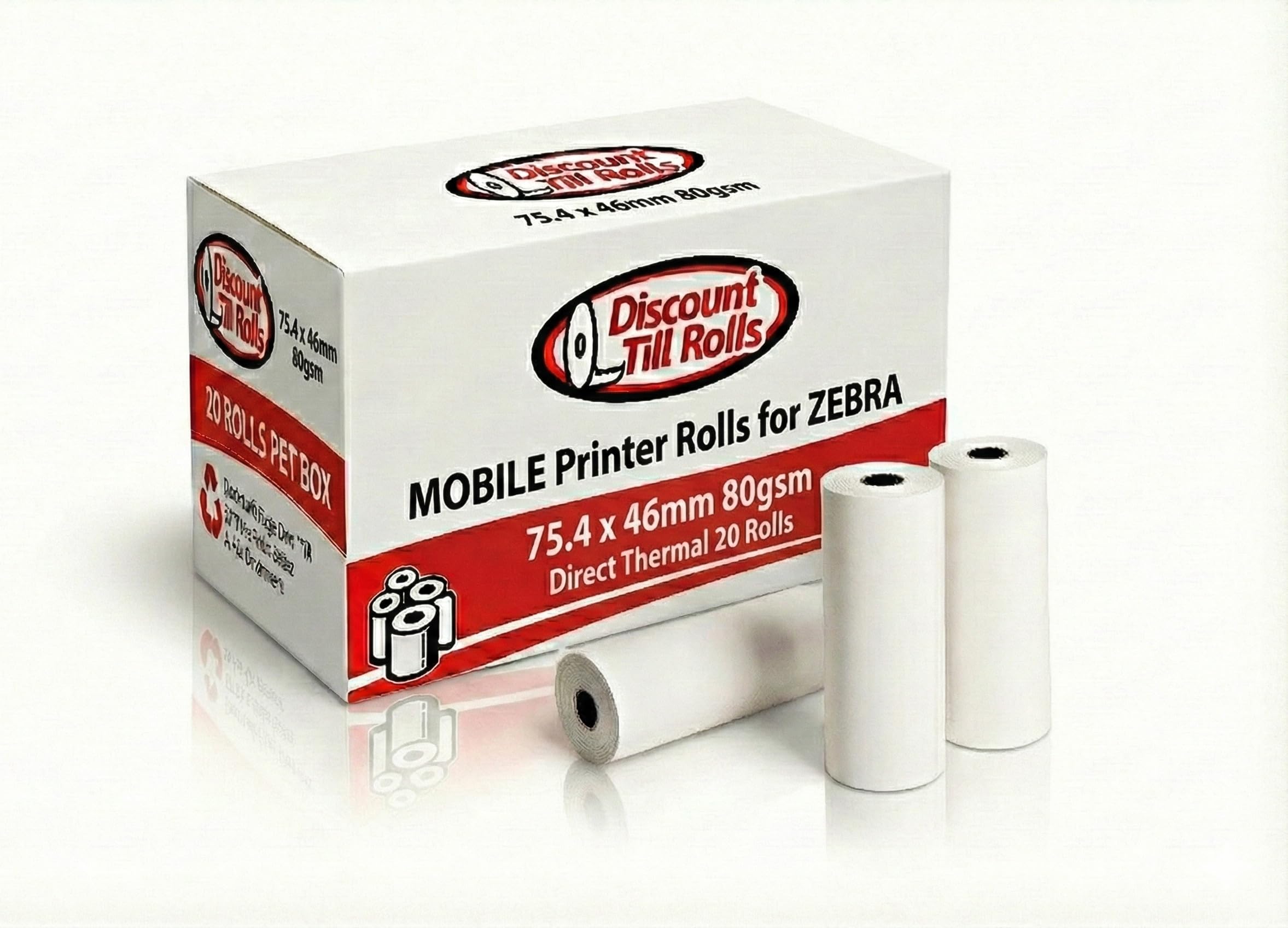Zebra IMZ320 - Rollos de papel térmico directo (20 cajas de rollo), 75,4 mm x 46 mm x 12,7 mm, núcleo continuo (ancho x largo), 80 g/m² (no etiquetas) (1)